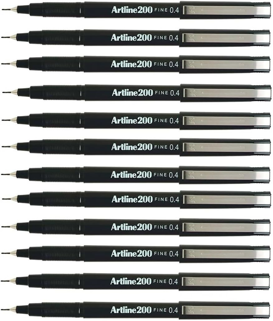 Artline 200 Fineliner Pen Water-Based Ink 0.4Mm Tip 0.4Mm Line Black Ref A2001 [Pack of 12]