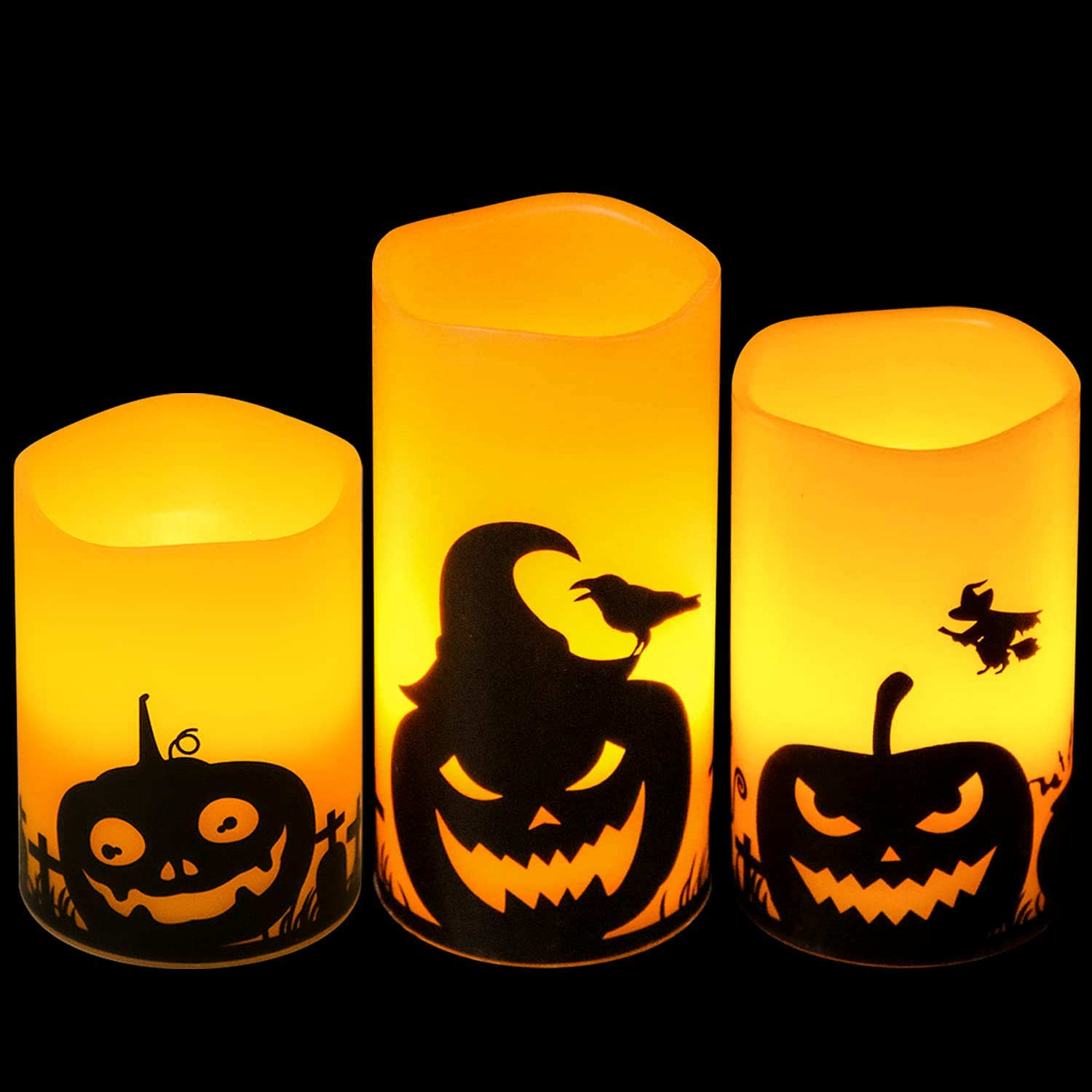 Eldnacele Halloween Flameless Candles, LED Flickering Battery Pillar Candles with 6H Timer and Pumpkin Decals, Spooky Fall Halloween Festival Party Decoration Set of 3 (D 3&rdquo; X H 4&rdquo; 5&rdquo; 6&rdquo;)