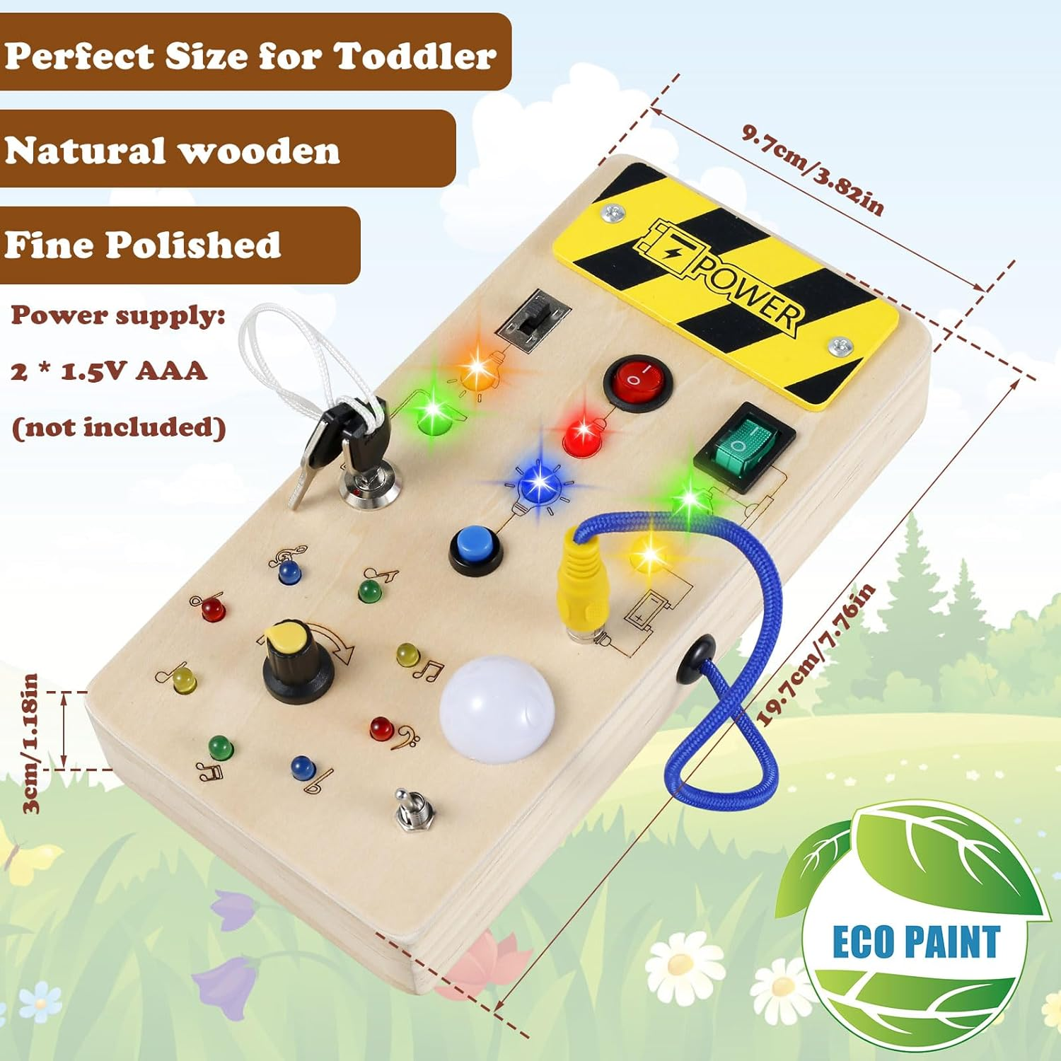 Montessori Busy Board for Toddlers LED Light Switch Busy Board Toddler Busy Board Travel Toy Wooden Sensory Toys with 8 LED Light Switches Educational Learning Toy for Toddlers Kids Gift image number 1