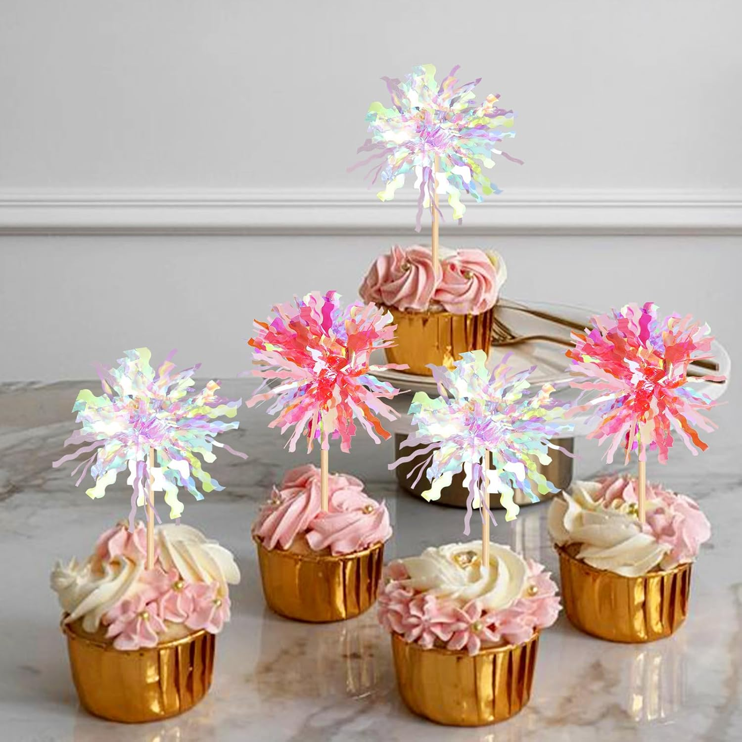 20 Pack Foil Firework Cupcake Toppers Party Birthday Cake Toppers Supplies Sparkle Tinsel Cocktail Fruit Toothpick for Birthday Wedding Graduation Party White+Pink - Black Gold Sliver image number 7