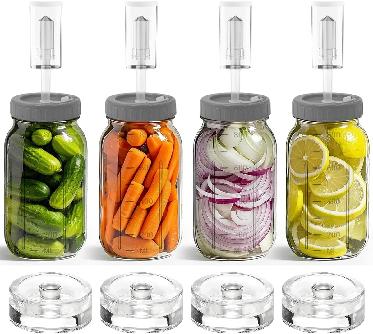 Blissify 4 Pack 1L Fermentation Jar with 4 Airtight Lids 4 Airlock 4 Fermentation Weights, Wide Mouth Glass Mason Jar with Scale Mark, Fermentation Kit for Beginners image number 3