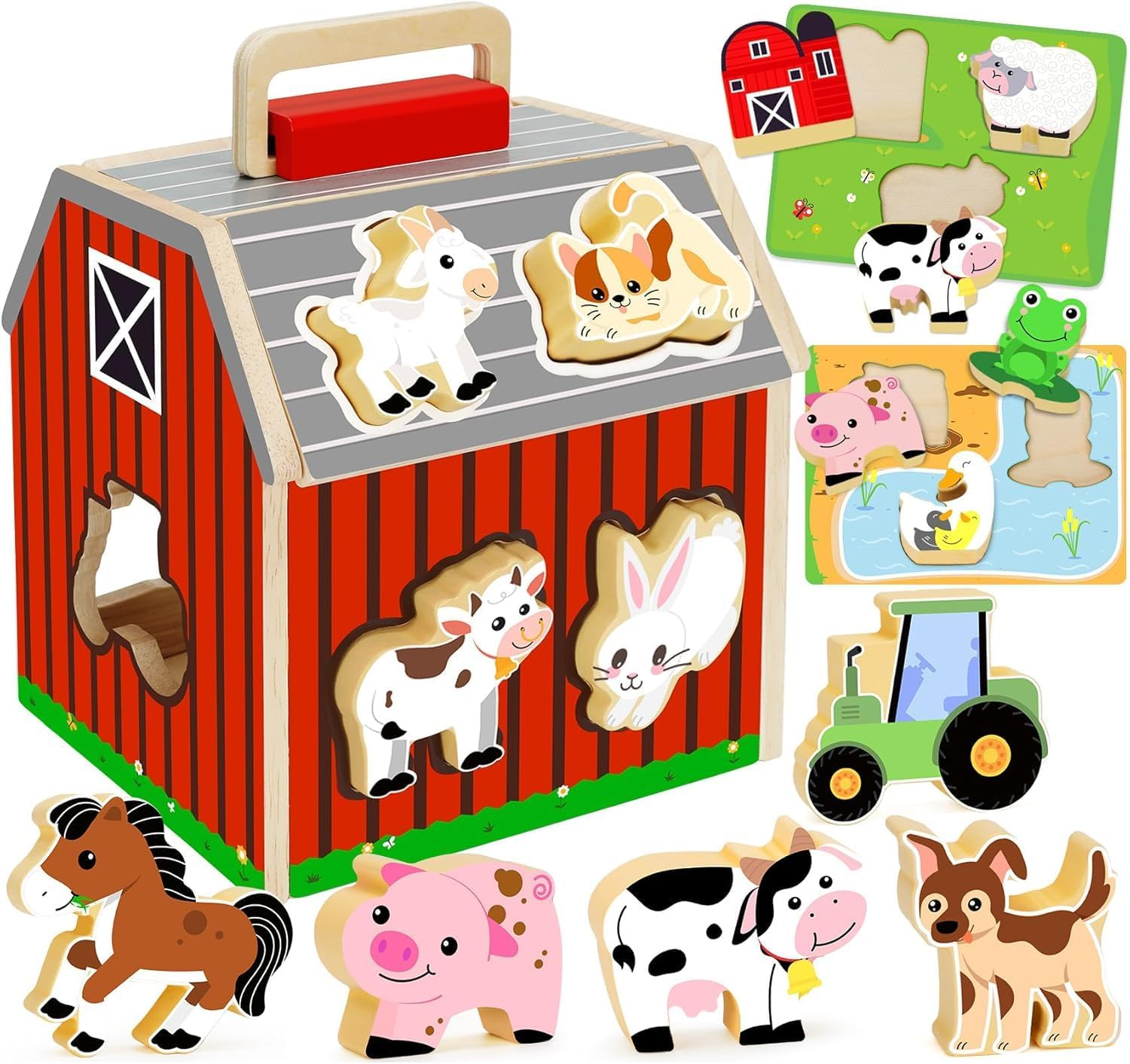 Wooden Farm Animals Shape Sorter Toys, Take-Along Sorting Barn Toy with Baby Chunky Puzzles, Montessori Shape Sorting Learning Toys for Fine Motor Games for Toddlers Kids Ages 2+ image number 1