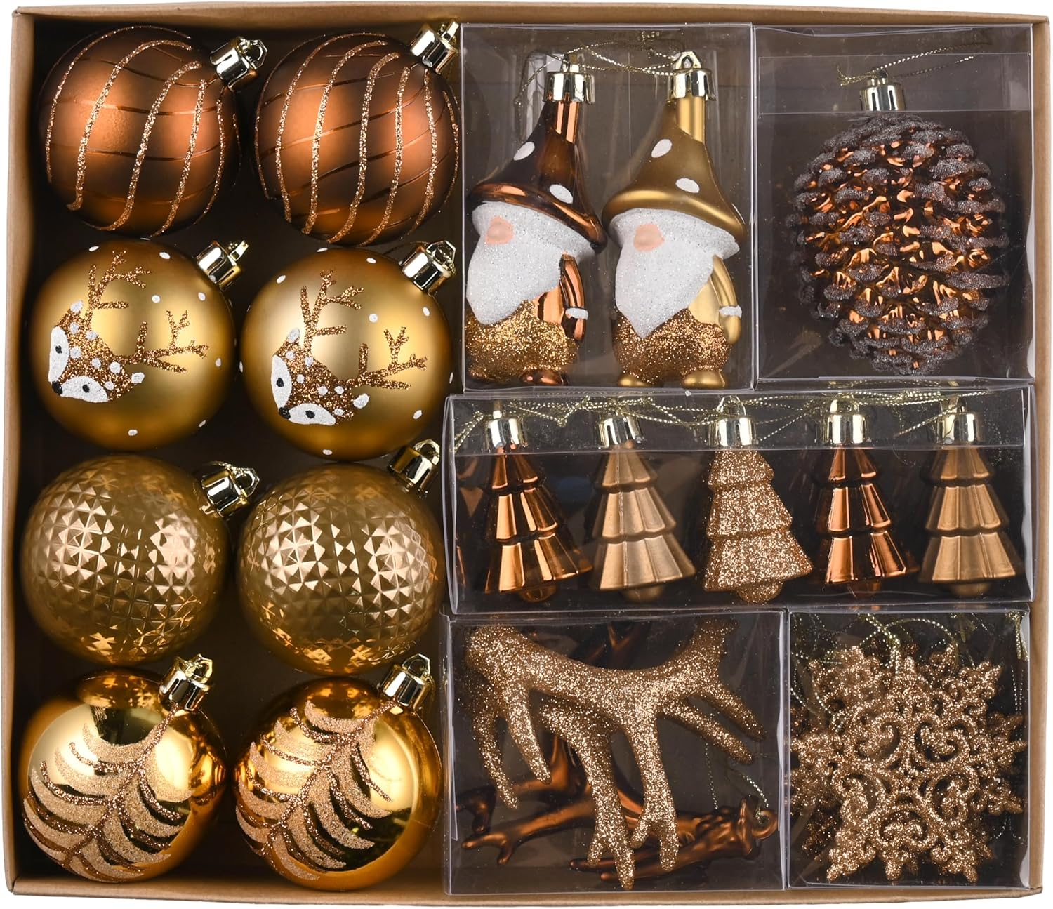 Valery Madelyn Christmas Ornaments Set, 40Ct Brown Copper and Gold Shatterproof Christmas Tree Decorations, Woodland Bronze Gnome Deer Hanging Ball Ornaments Bulk for Thanksgiving Xmas Holiday Decor image number 5