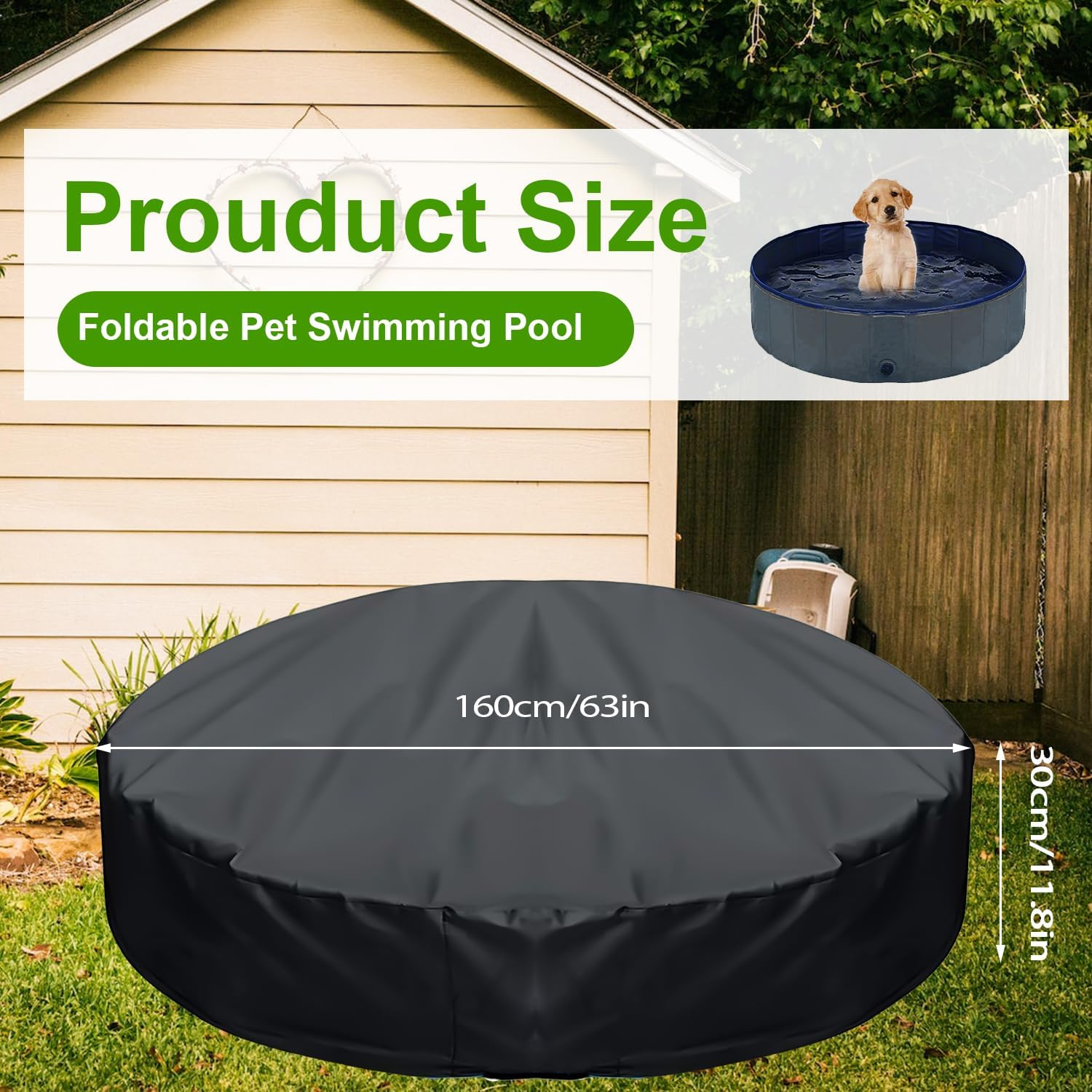TOYMIS round Dog Pool Cover, 63 Inch /160Cm, Black, Waterproof & Dustproof, Drawstring Design, Fits Universal Dog Pet Bath Tub image number 1