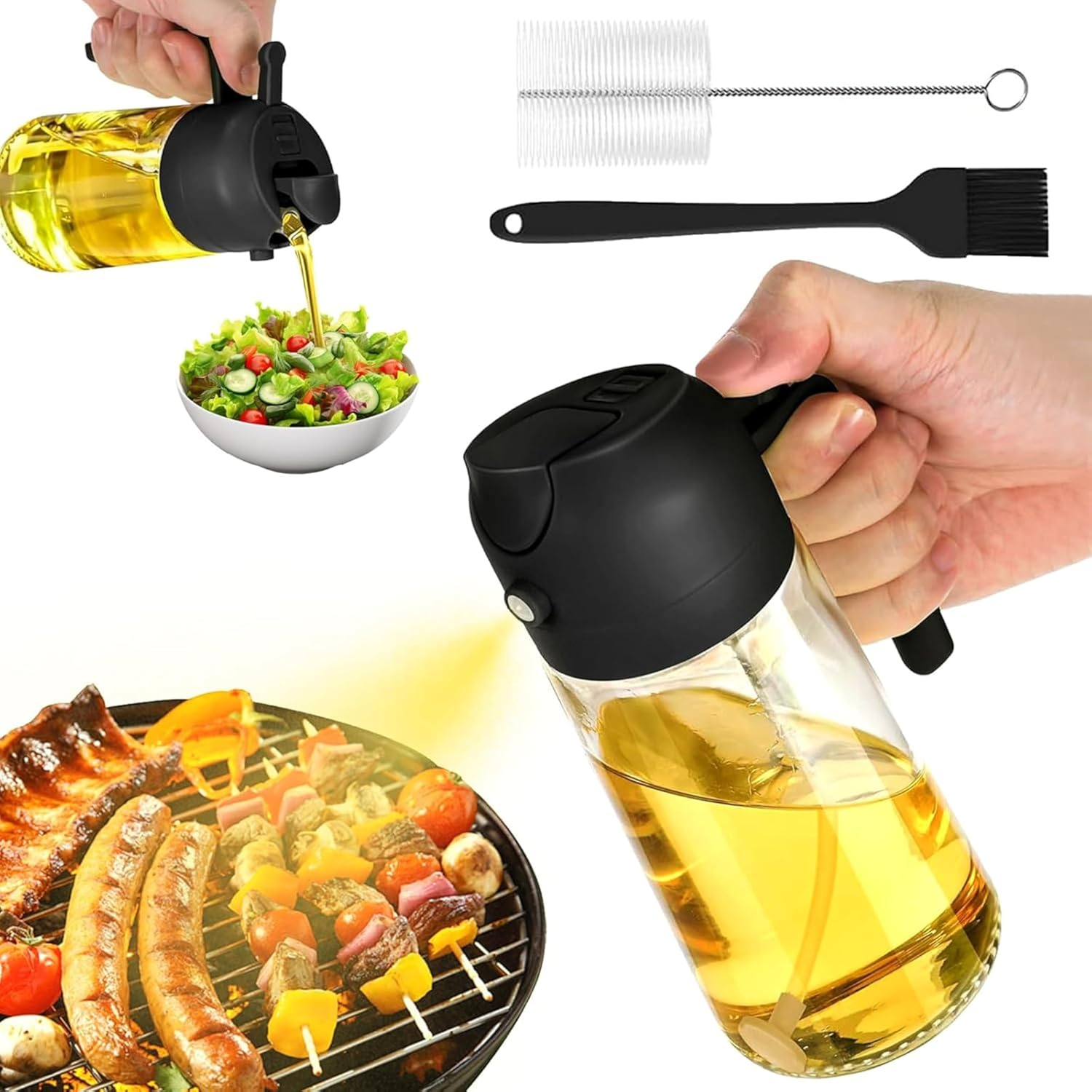 ZIGMART 5-In-1 Glass Oil Sprayer Dispenser Bottle & Durable Oil Sprayer Refillable for Kitchen - High-Quality Oil Sprayer for Air Fryer, Salad Dressing, BBQ, Pourer & Oil Brush (Black)