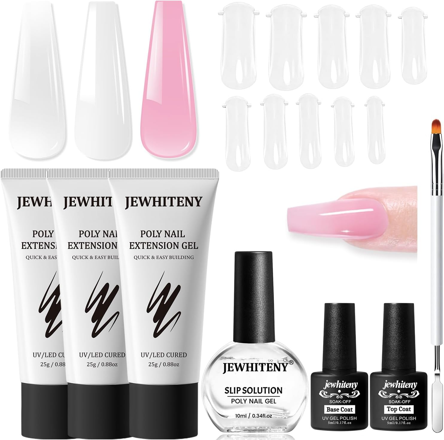 JEWHITENY Clear White Pink Poly Extension Gel Nail Set with Base and Finish for Finger Art and French Manicure Diy at Home, Needs Uv Lamp Healing image number 6