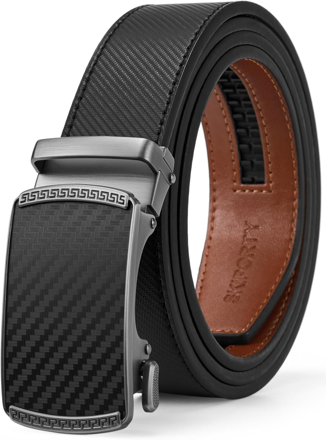 Skiporty Mens Ratchet Belt Leather 1 3/8'' Adjustable Belts for Mens Dress Casual Jeans Comfort Trim to Fit