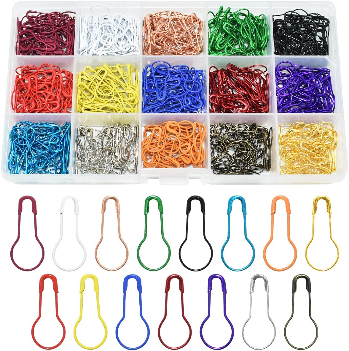 600Pcs Gourd Safety Bulb Pins 15 Colors Metal Crochet Stitch Markers Pear Shape Knitting Pins for Crocheting Clothing Tag DIY Craft Project with Storage Box image number 4