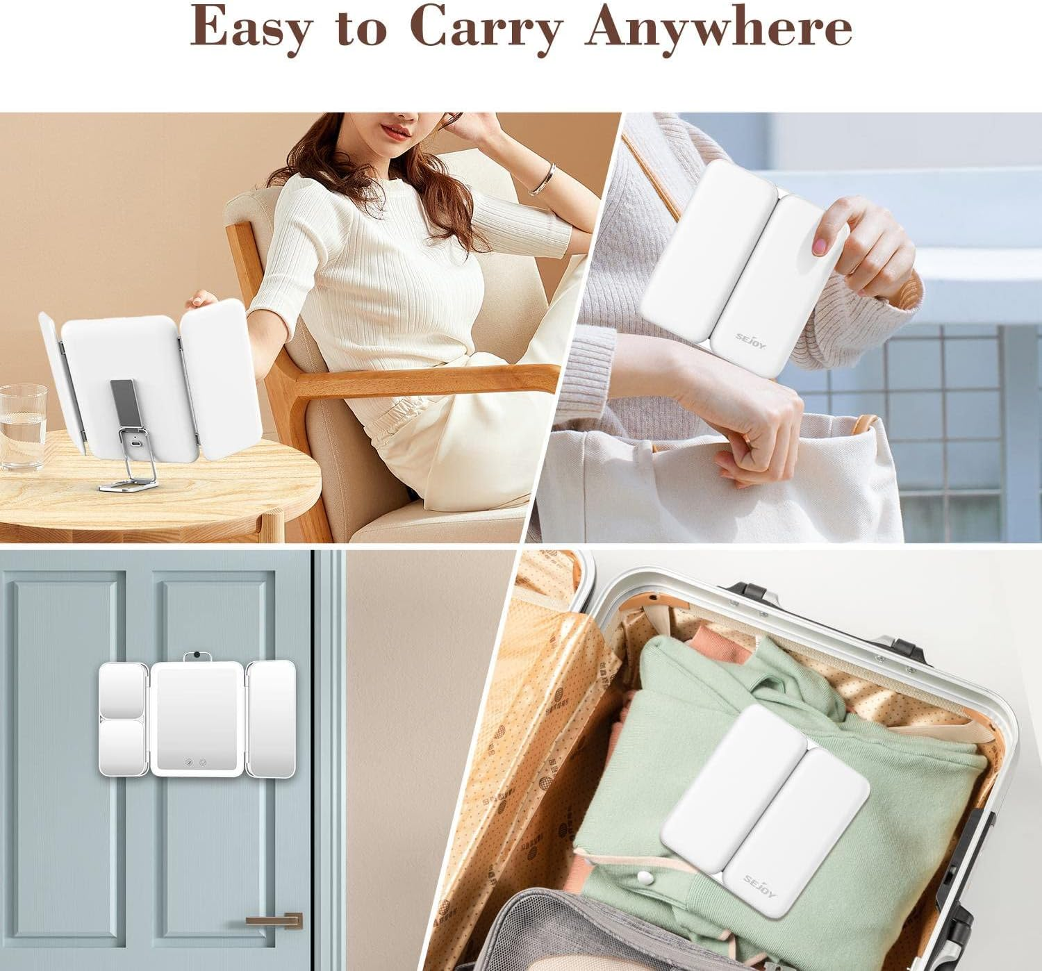 Sejoy Travel Lighted Makeup Mirror, 1X/3X/7X Magnifying Mirror with Lights, 3-Color Light Trifold Vanity Mirror, Adjustable Brightness, Rechargeable, for Tabletop, Bathroom, White image number 3