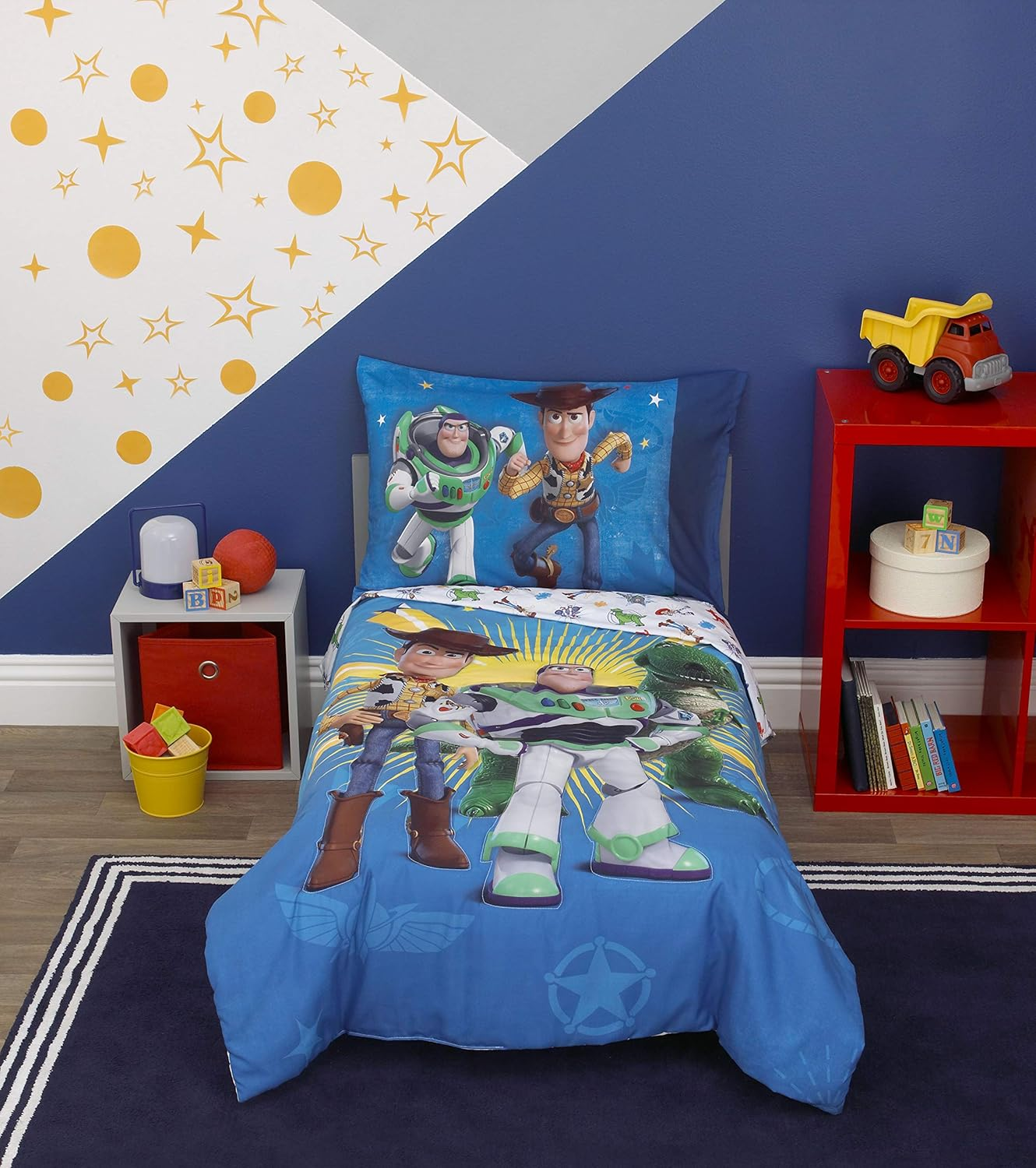 Disney Toy Story 4 - Blue, Green, Yellow Toys in Action 4Piece Toddler Bed Set - Comforter, Flat Top Sheet, Fitted Bottom Sheet, Reversible Pillowcase, Blue, Green, Yellow,