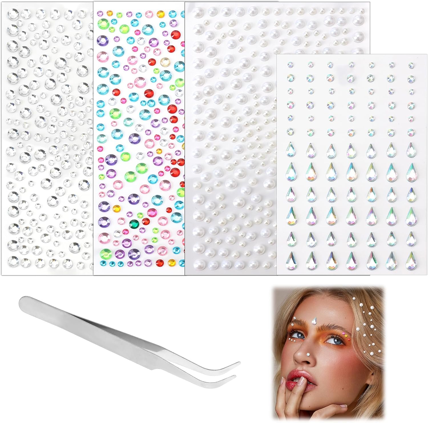 1000+ Self-Adhesive Face & Body Gems with Tweezer - Waterproof Rhinestone Stickers for Makeup, Festival, Nail Art & Crafts | Includes Pearls, Drops & Multi-Size Rhinestones + Precision Tool (4 Sheets) image number 4