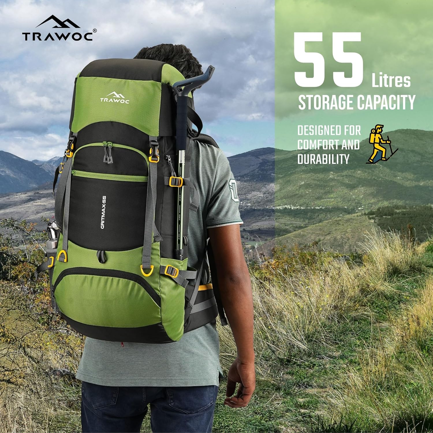 TRAWOC GRITMAX 55 Litre Travel Bag Front & Top Open Backpack for Hiking Trekking Camping, Rucksack for Men & Women with Rain Cover and Shoe Compartment image number 4