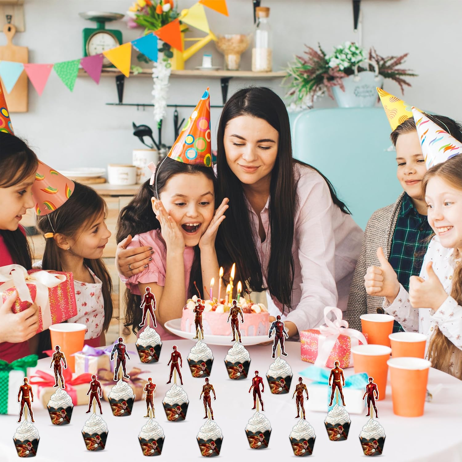 Flsh Cupcake Wrapper &ndash; Red Speed Hero Theme Party Sleeves for Boys Birthday, Comic Lightning Cupcake Wraps, Super Speed Celebration Decorations image number 2