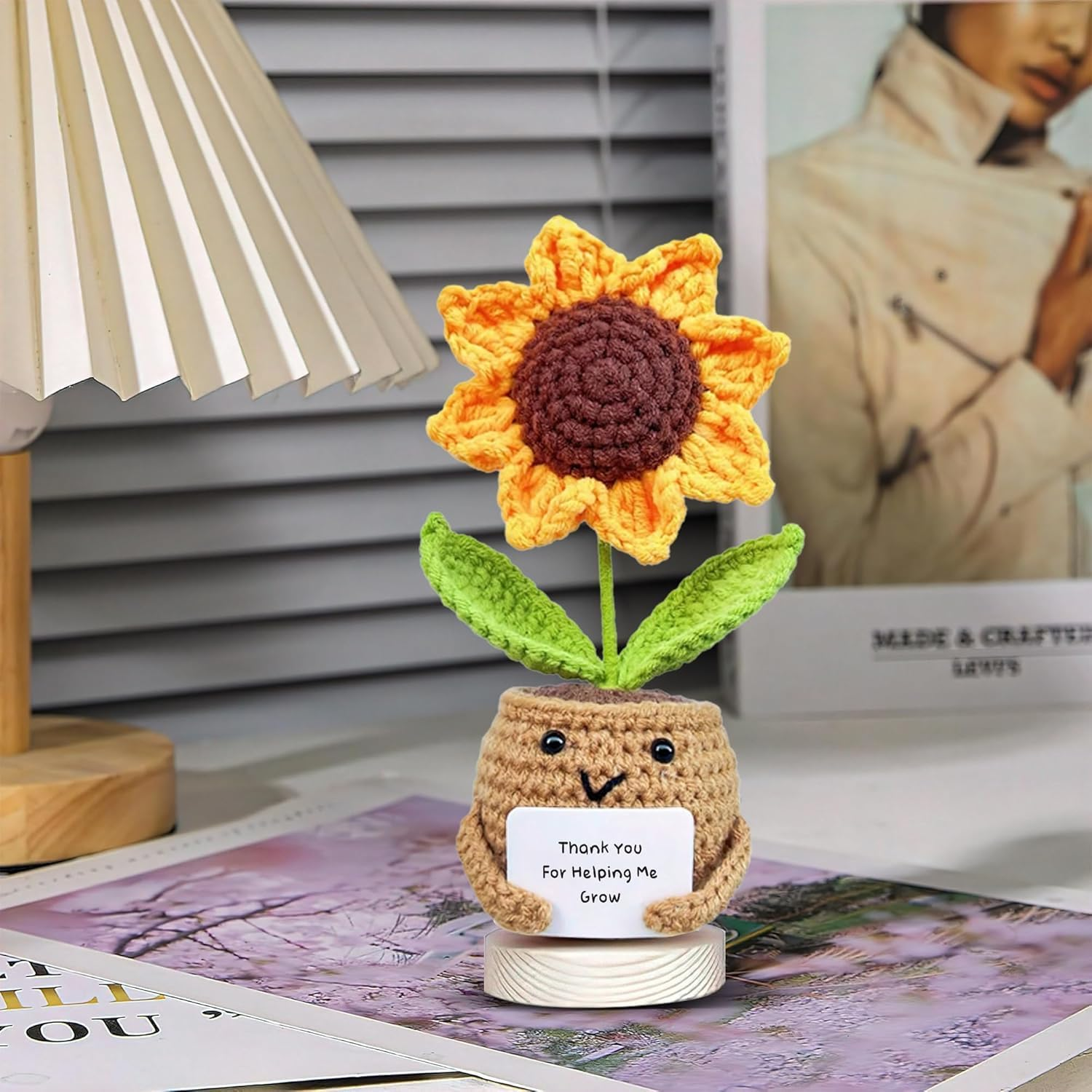 Handmade Positive Sunflower Doll Crochet with Card - Thank You for Helping Me Grow - Teacher Appreciation Gift from Student - Christmas, Birthday, Graduation