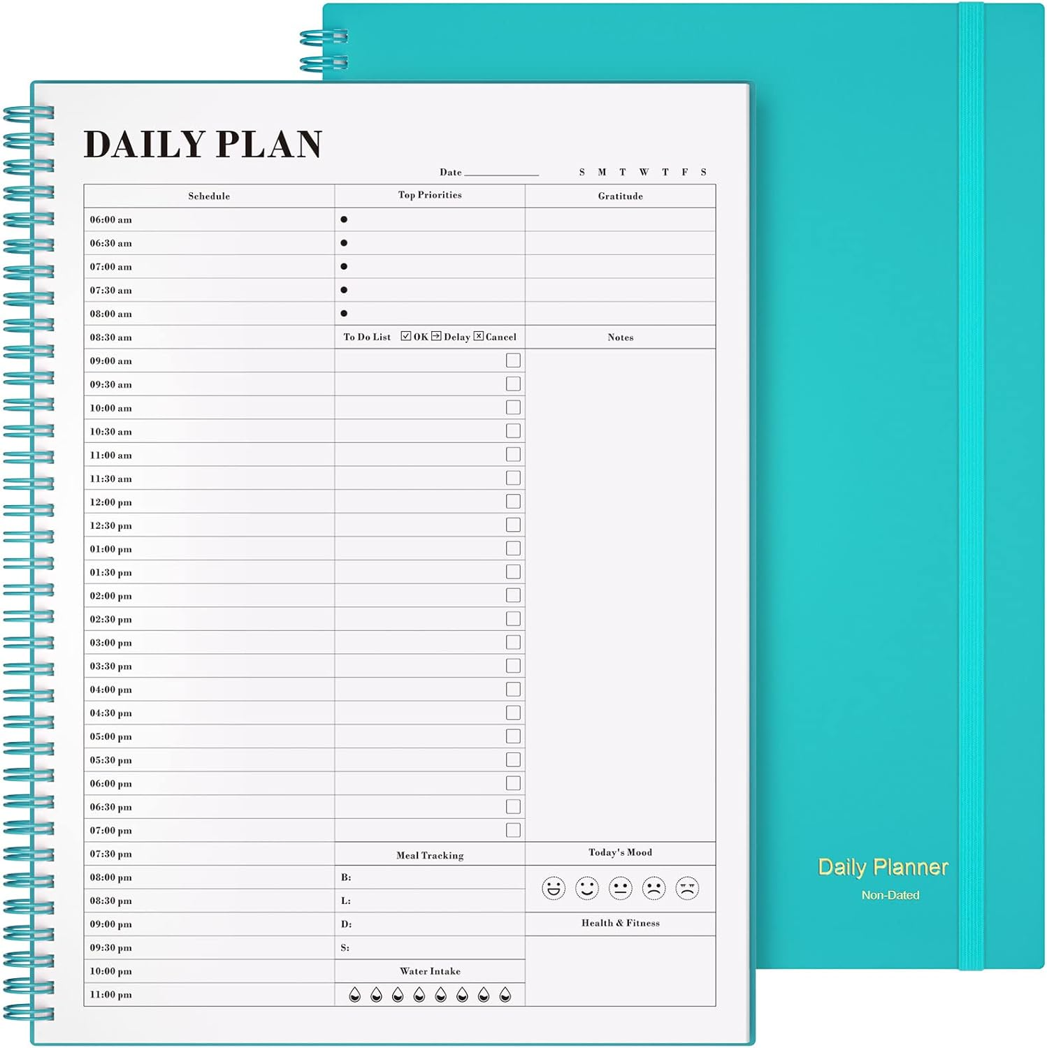 Daily Planner Undated, Asten to Do List Notebook Hourly Schedules Spiral Appointment Planner for Men and Women,Pvc Hardcover,Elastic Closure, Inner Pocket 8.3" X 5.8" (Blue)