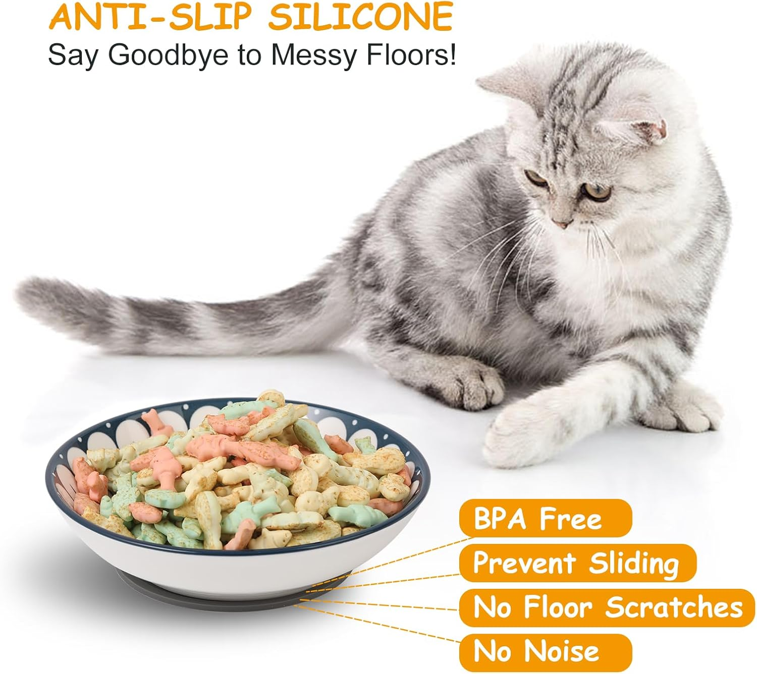 Small Ceramic Cat Food Bowl - Wide Shallow Cat Bowl with Non-Slip Mat - Whisker Friendly Cat Feeding Bowls - Japanese Style Cute Cat Dish - Cat Plates - Dishwasher Safe - Set of 6-8.5 Oz - 5.75 Inch image number 1