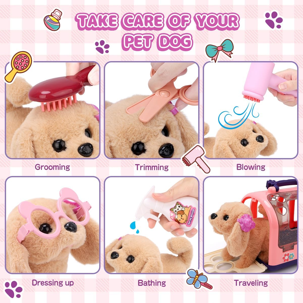 REMOKING 13PCS Dog Toys for Girls 3 4 5 6 Year Old,Walking Barking Electronic Interactive Stuffed Dog Plush with Carrier & Accessories Toys,Pretend Play Puppy Pet Care Playset, Birthday Gifts for Kids image number 4