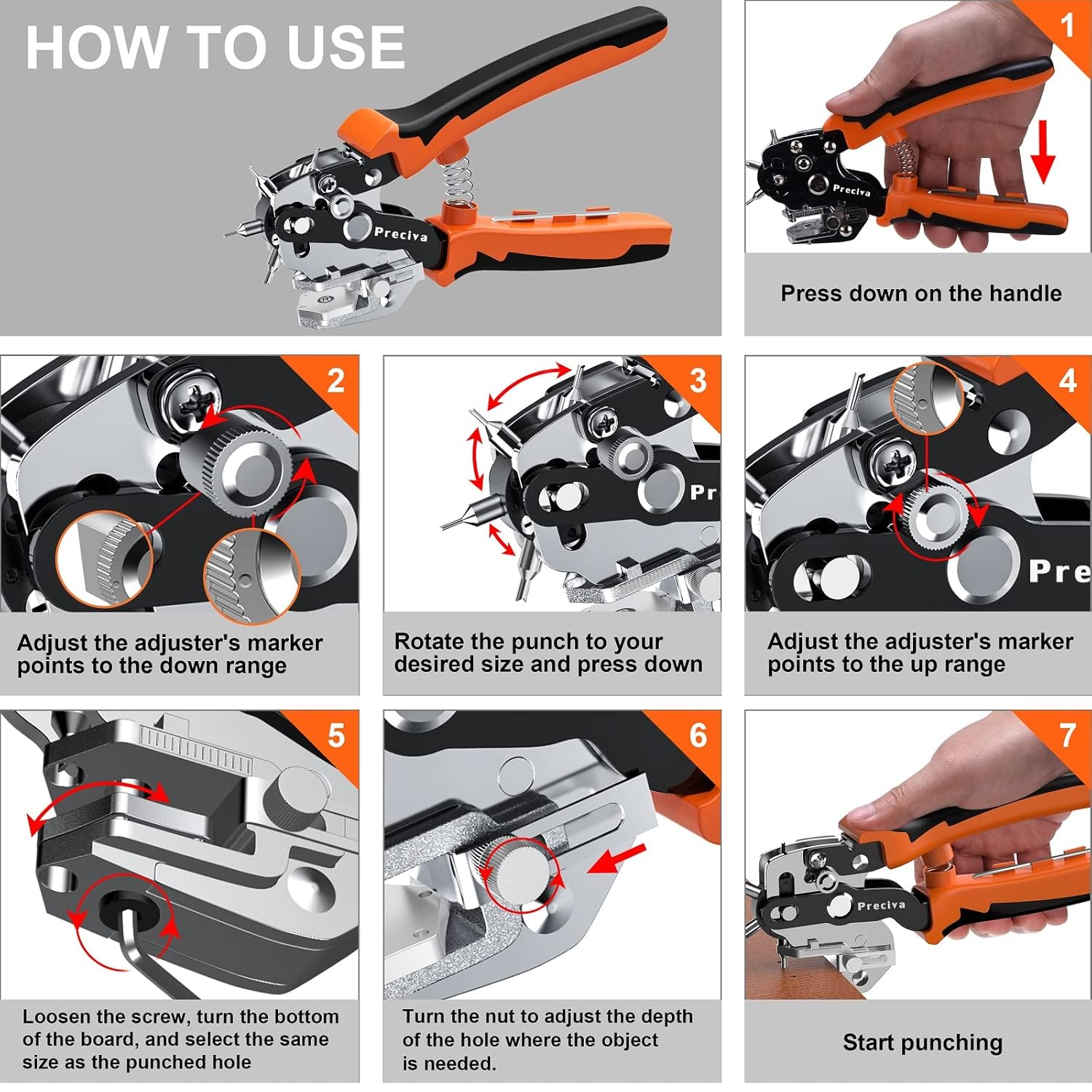 Hole Punch Plier, Preciva Punch Hole Revolving Tool with V-Shaped Cutting, 6 Hole Sizes Used for Leather, Belts, Thin Iron Sheets, Paper Cards, Plastics, Fabrics, Bags, Watch Straps image number 1