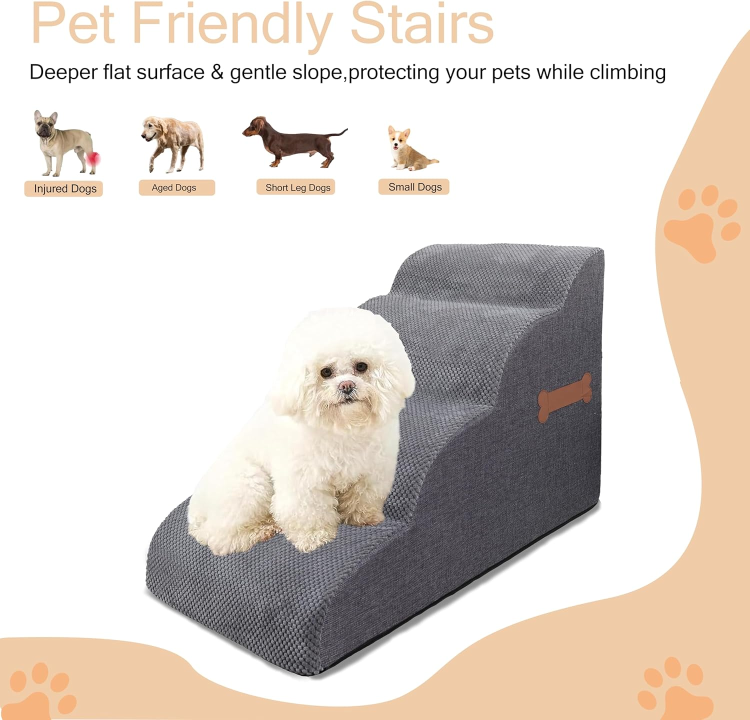 Dog Stairs Ramp for Small Dog, 3-Tiers Dog Steps Suitable for Bed and Couch,Non-Slip Pet Stair for Small Dog Cat and Elderly, Injured Pets, Removable Washable Cover (Grey, 4-Step H:45CM, 4) image number 5