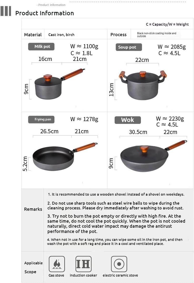 Cast Iron Cookware Set Pots and Pans Set 4Pcs Cookware Set Soup Pot Frying Pan Wok Milk Pan Kitchen Cooking Pot Set Induction Cooker Non-Stick Pan Saucepan Cooking Pot Set Cooking Pan Set (3) image number 6