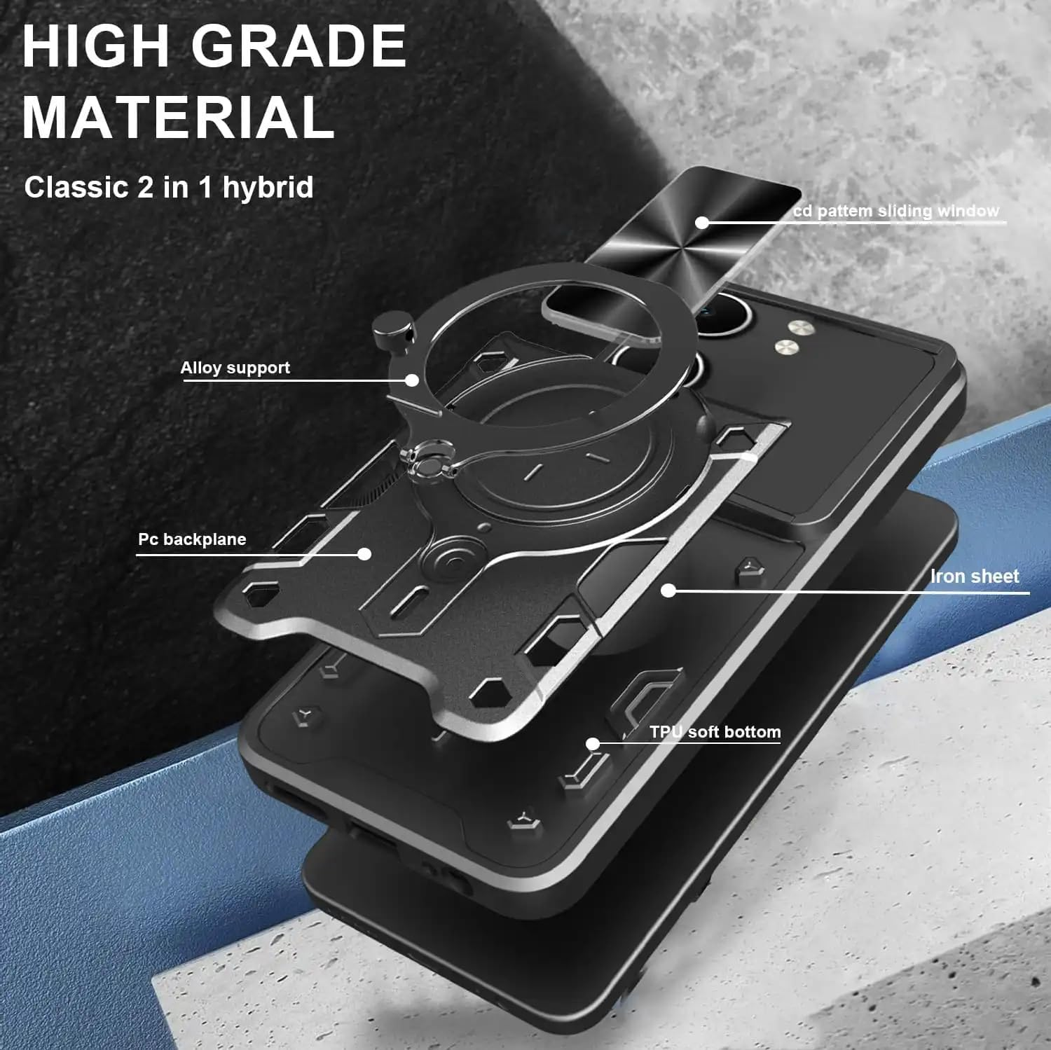 FORZARMOR for Oppo A5X 4G (6.67 Inch) Case Shockproof with Back Camera Slide Window Cover, Ring Kickstand Armor Military Rugged Cover (For A5X,Blue) - Blue image number 4