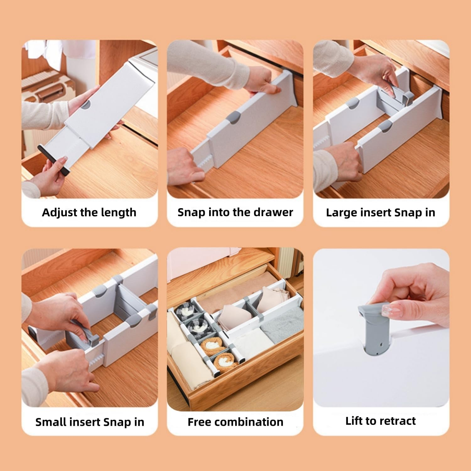 FORYUSE 4 Pack Drawer Dividers Expandable 27-44Cm with 6 Inserts Set Adjustable Separators Organiser for Closet Clothes Kitchen Utensils Office image number 4