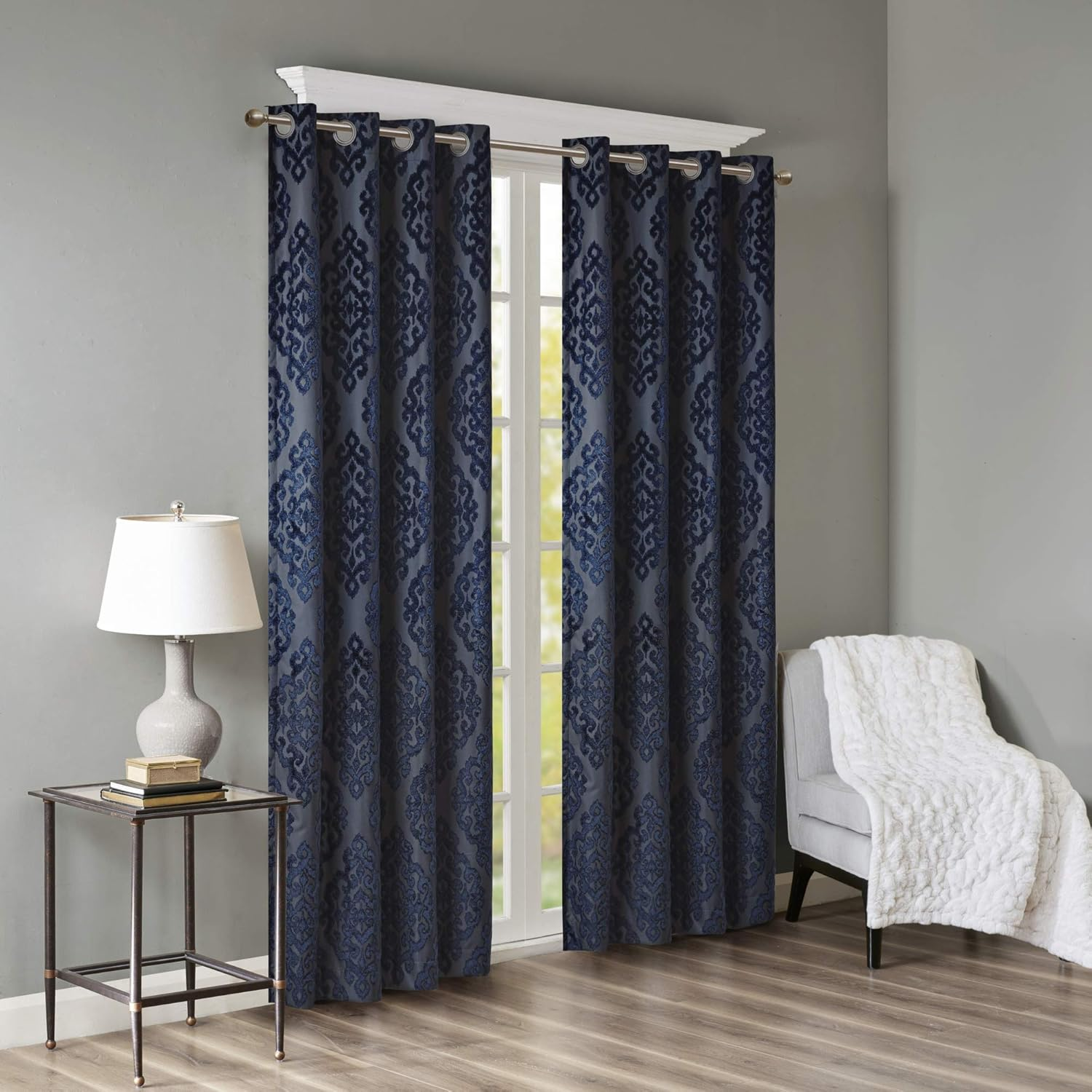 Sun Smart Mirage 100% Total Blackout Window, Knitted Jacquard Damask Room Darkening Curtains Panel with Grommet Top, 50X84, Navy image number 4