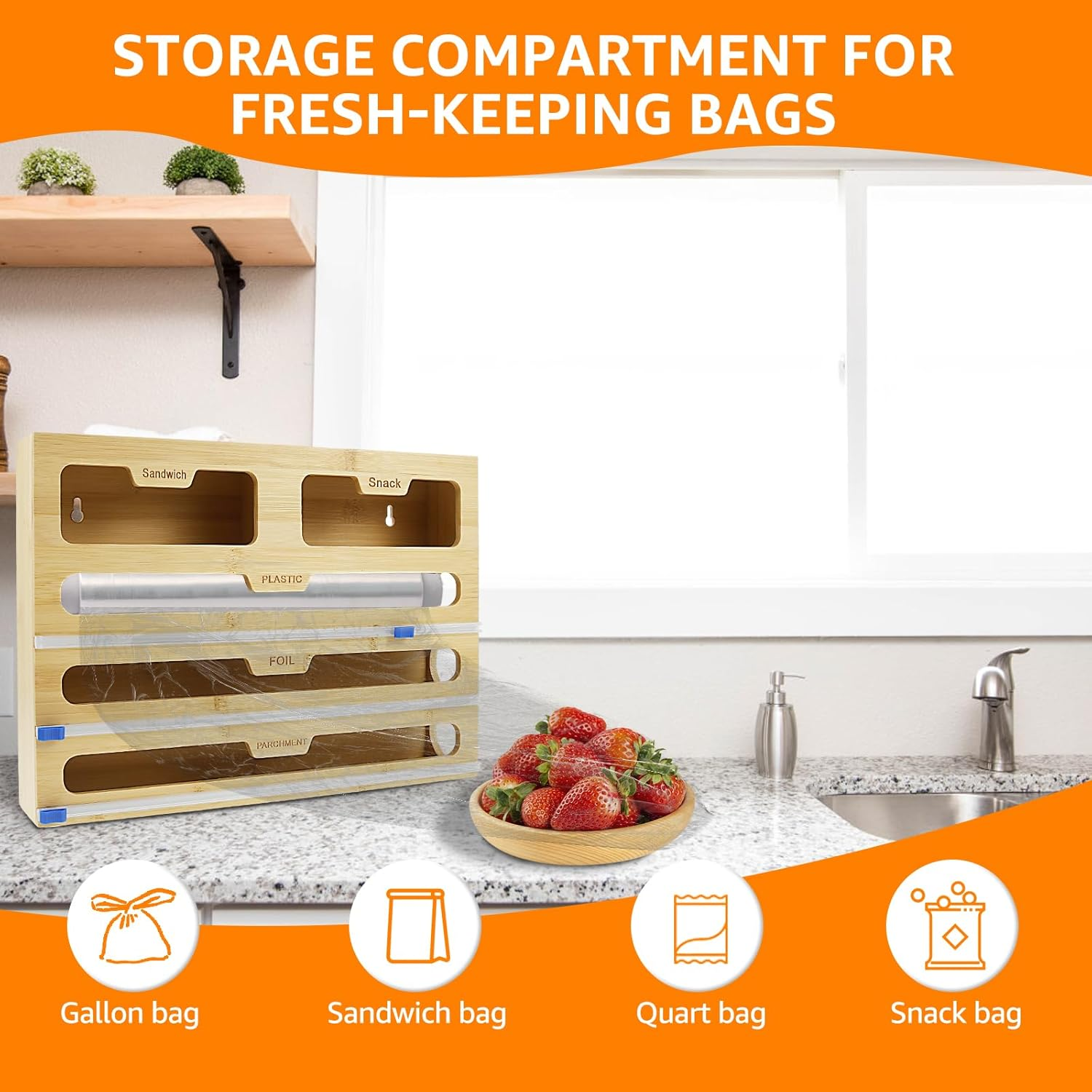 5 in 1 Bamboo Plastic Wrap Dispenser with Cutter Versatile, Foil Dispenser and Cutter for Kitchen Storage Drawer Organization,Cling Film Dispenser for Restaurant Bakeries Fruit Store image number 2