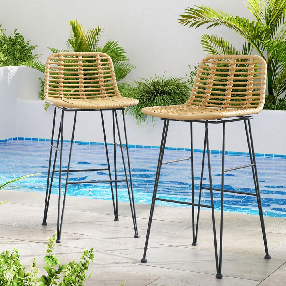 Gardeon Set of 2 Wicker Outdoor Bar Stools, Patio Chairs Bistro Dining Lounge Garden Pool Backyard Deck Furniture, Water-Resistant Backrest Stool with Footrest Beige