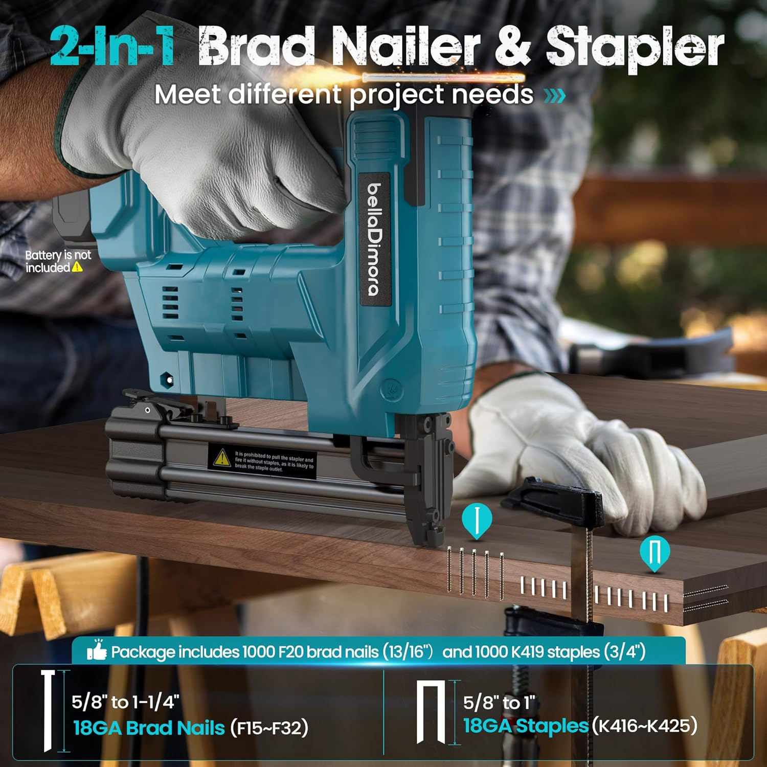 18GA Cordless Brad Nailer for Makita 18V Battery, 2 in 1 Nail Gun & Staple Gun with 1000 Nails &1000 Staples, Battery Powered Nail Gun for Home Improvement(No Battery)