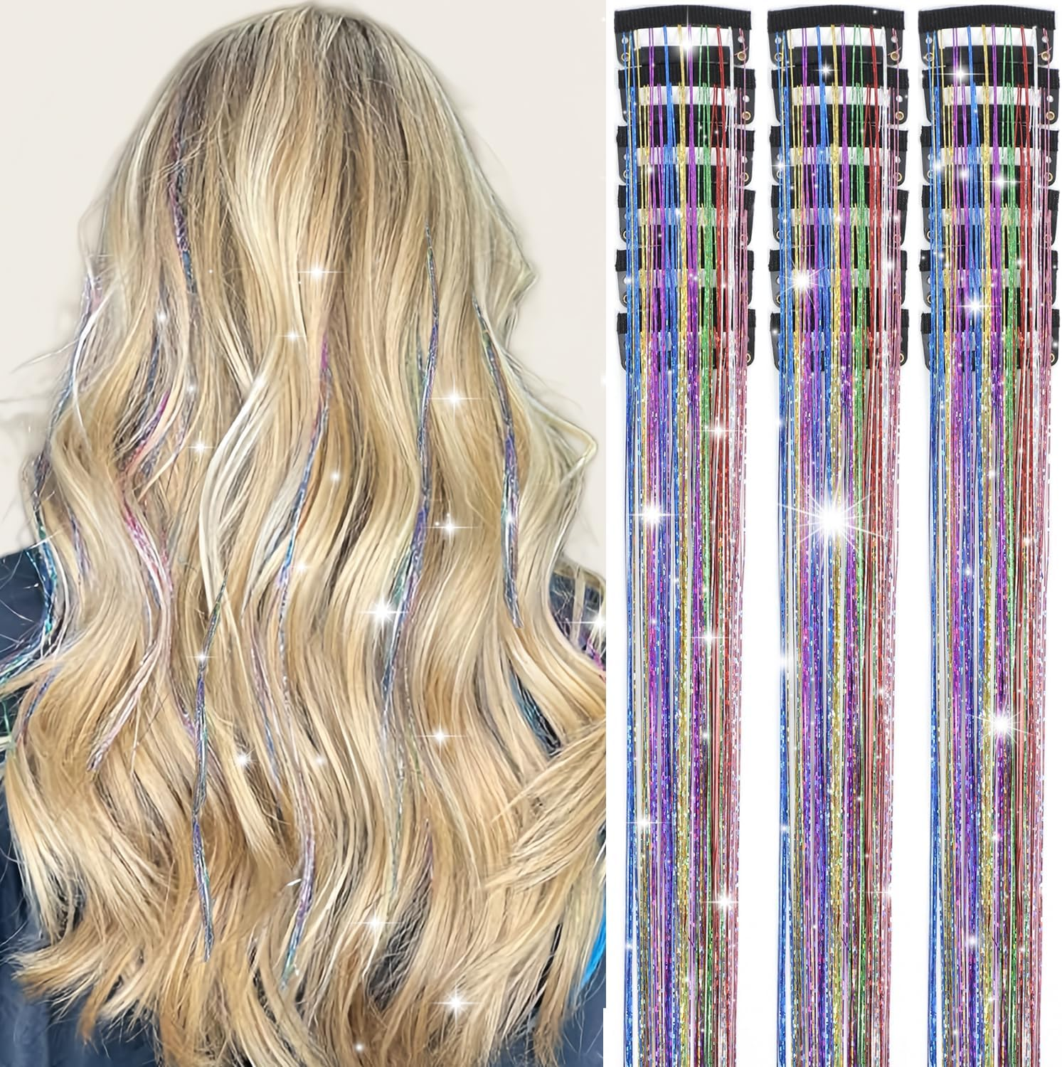 Obinying Hair Tinsel Pack of 18 Pcs Hair Tinsel Clip in 20.5 Inch Glitter Tinsel Hair Extensions Clip in Hair Tinsel Kit Party Festival Fairy Hair Accessories for Girls Women Kids (Silver)