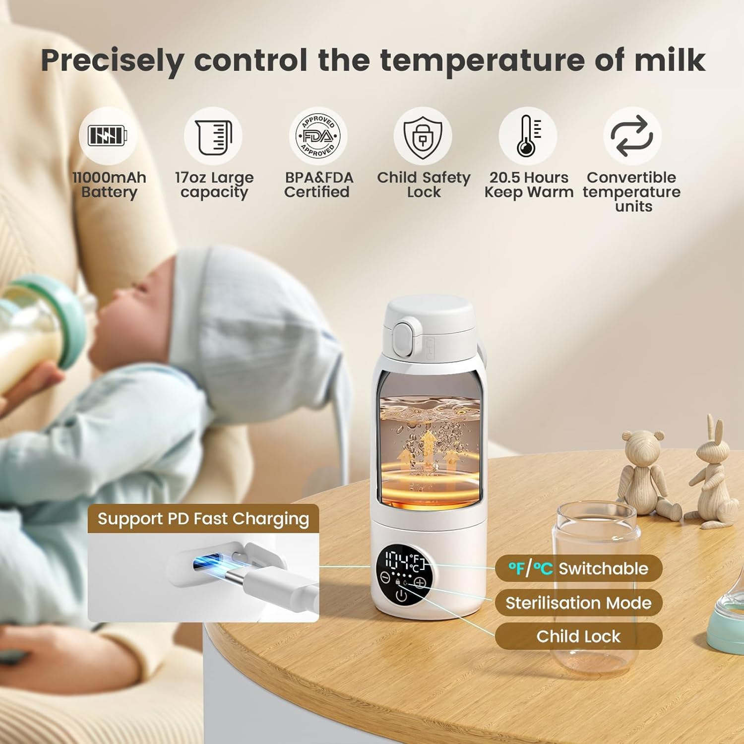 Portable Milk Warmer for Travel,17 Oz Large Capacity 2 Min Fast Heating for Breast Milk,Formula & Water Precise Temp Control IPX6 Washable Design Bottle Warmer Portable for Outdoor,Car,Airplane Use image number 2