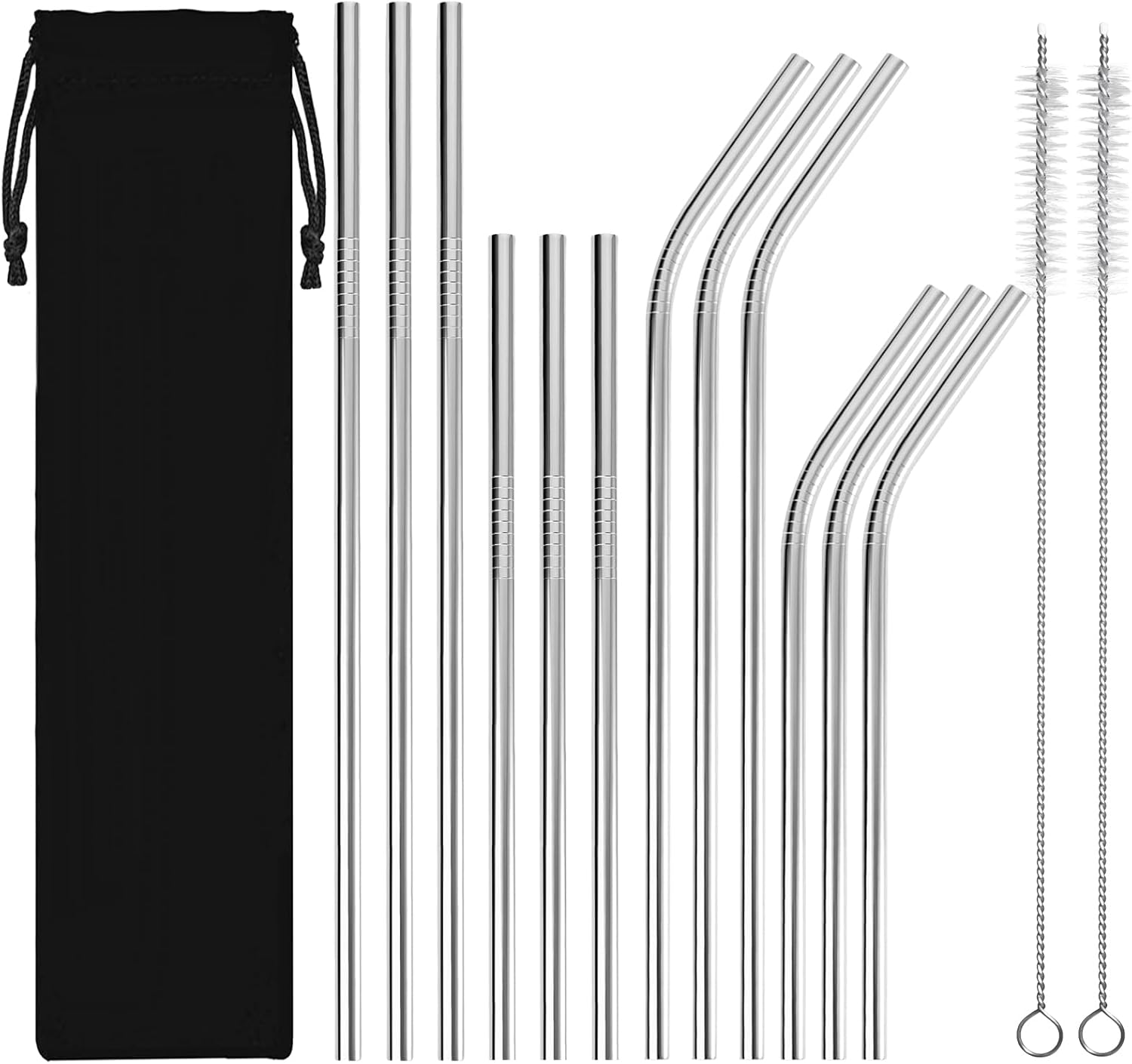 Stainless Steel Straws, 12 Pack Reusable Metal Straws, Drinking Straws 6 Straight 6 Bent with 2 Cleaning Brushes and Bag for Tumblers (Silver) image number 6