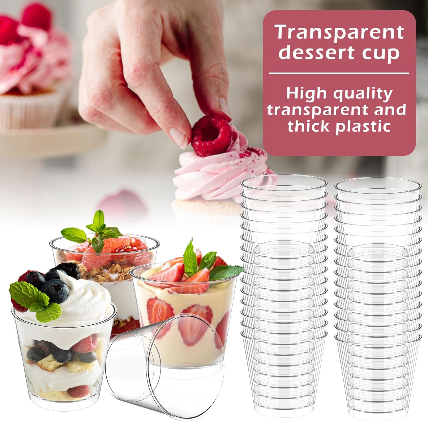 50Pcs Dessert Cups with Spoons, 200ML round Small Reusable Serving Bowl, Clear Plastic Parfait Appetizer Cup, Mini Tumbler Serving Cups for Dessert Pudding Mousse Yogurt Snacks Party