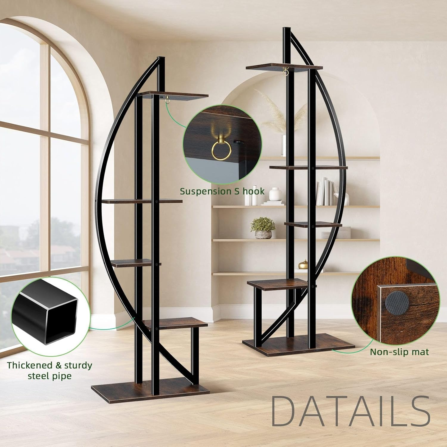 2Pcs 5 Tiered Plant Stand Shelf Metal Half Moon Style Flower Pot Holder Indoor Outdoor Corner Shelves Garden Herb Large Storage Rack Black Brown image number 6