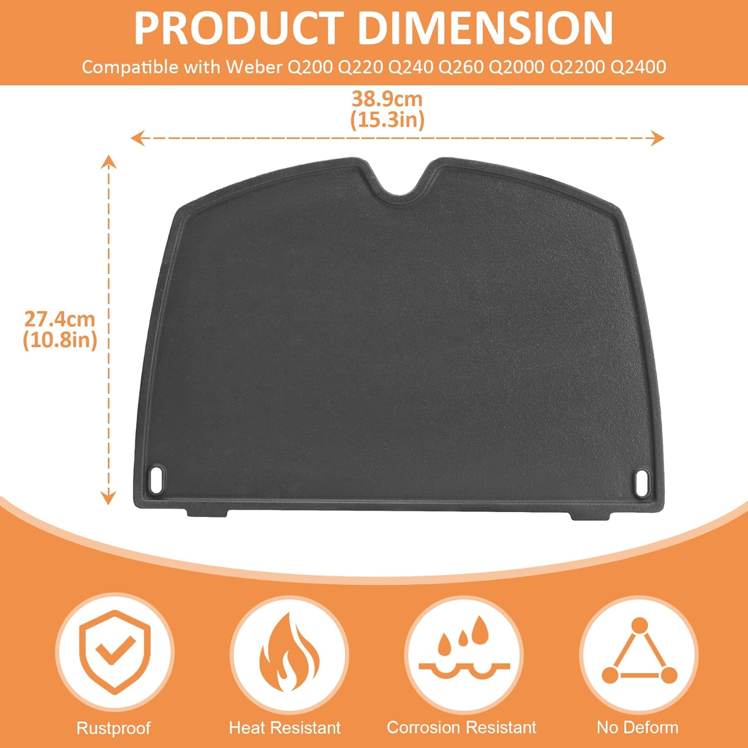 6559 Cast Iron Cooking Griddle for Weber Q200 Q220 Q240 Q260 Q2000 Q2200 Q2400 Series, for Weber Q2200 Gas Grills Accessories, Replaces for Weber Q Griddle Parts, 38.9Cm X 27.4Cm X 1.3Cm(W X D X H) image number 6