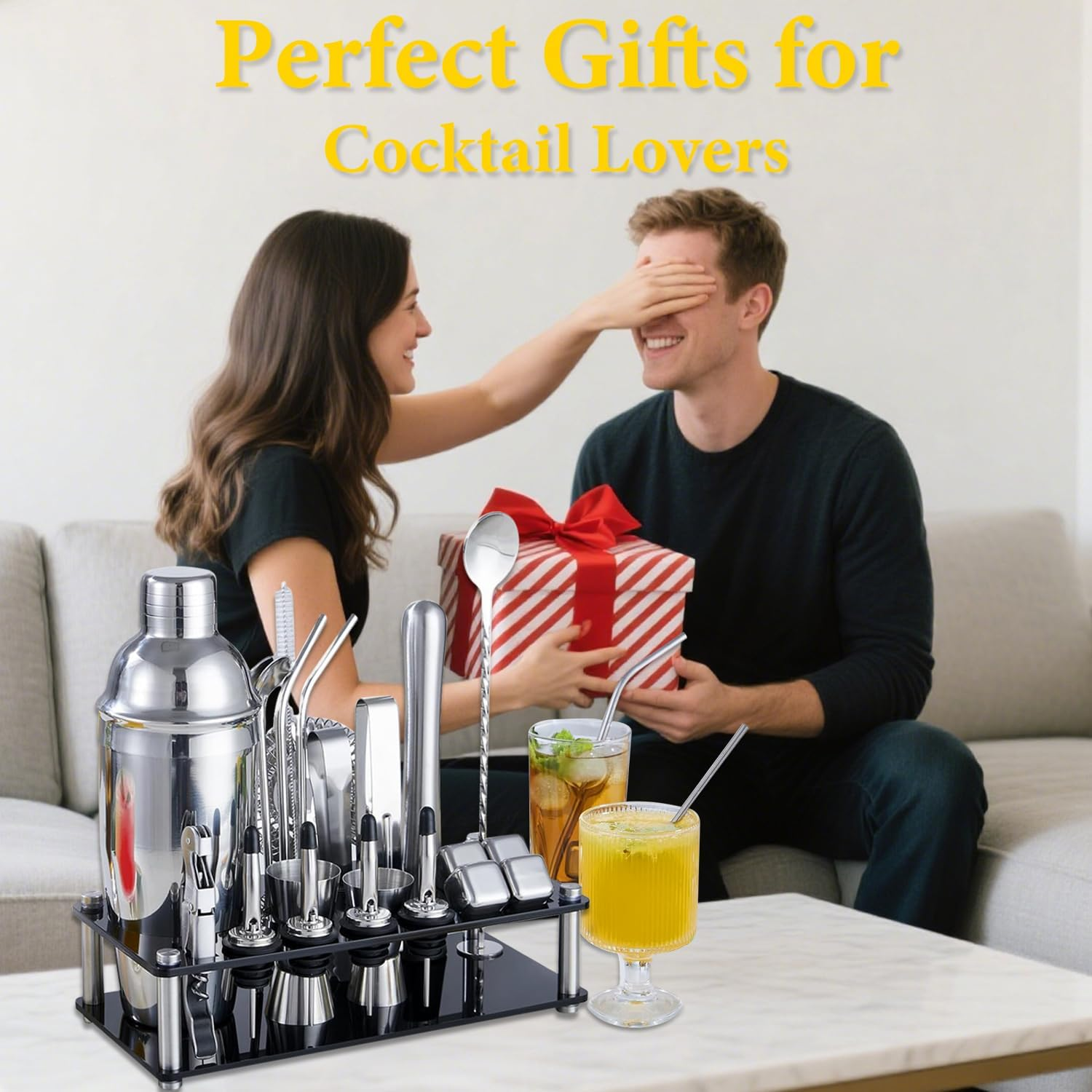 Mixology Bartender Kit Bar Set Cocktail Kit, 23PCS Cocktail Shaker Kit with Acrylic Stand for Drink Mixing, Silver Bartender Tool Kit image number 2