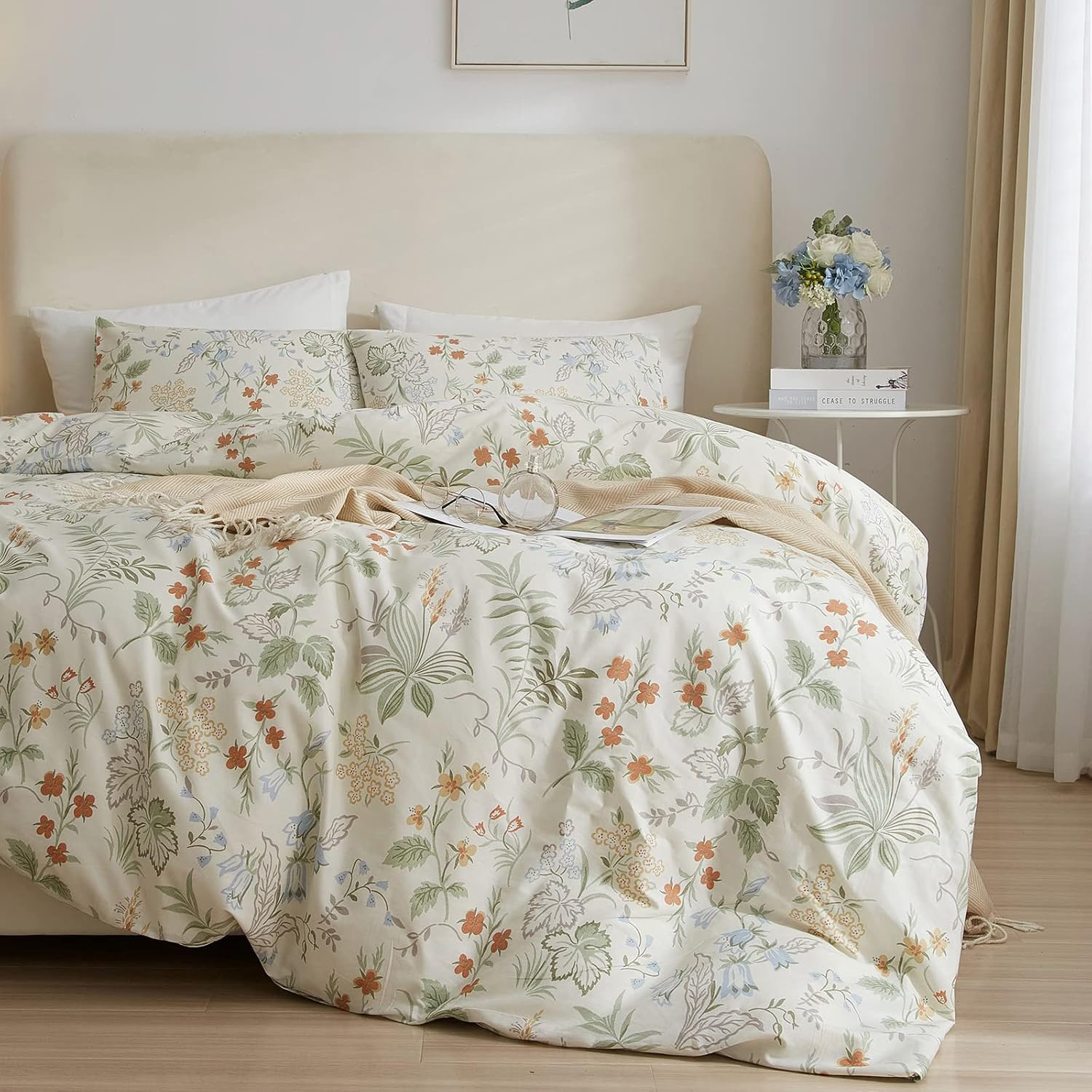MICBRIDAL EAVD Garden Style Botanical Duvet Cover Queen Soft 100% Long Staple Cotton Cute Birds and Leaf Print Bedding Set with 2 Pillowcases Chic Green Leaves Comforter Set with Zipper Closure
