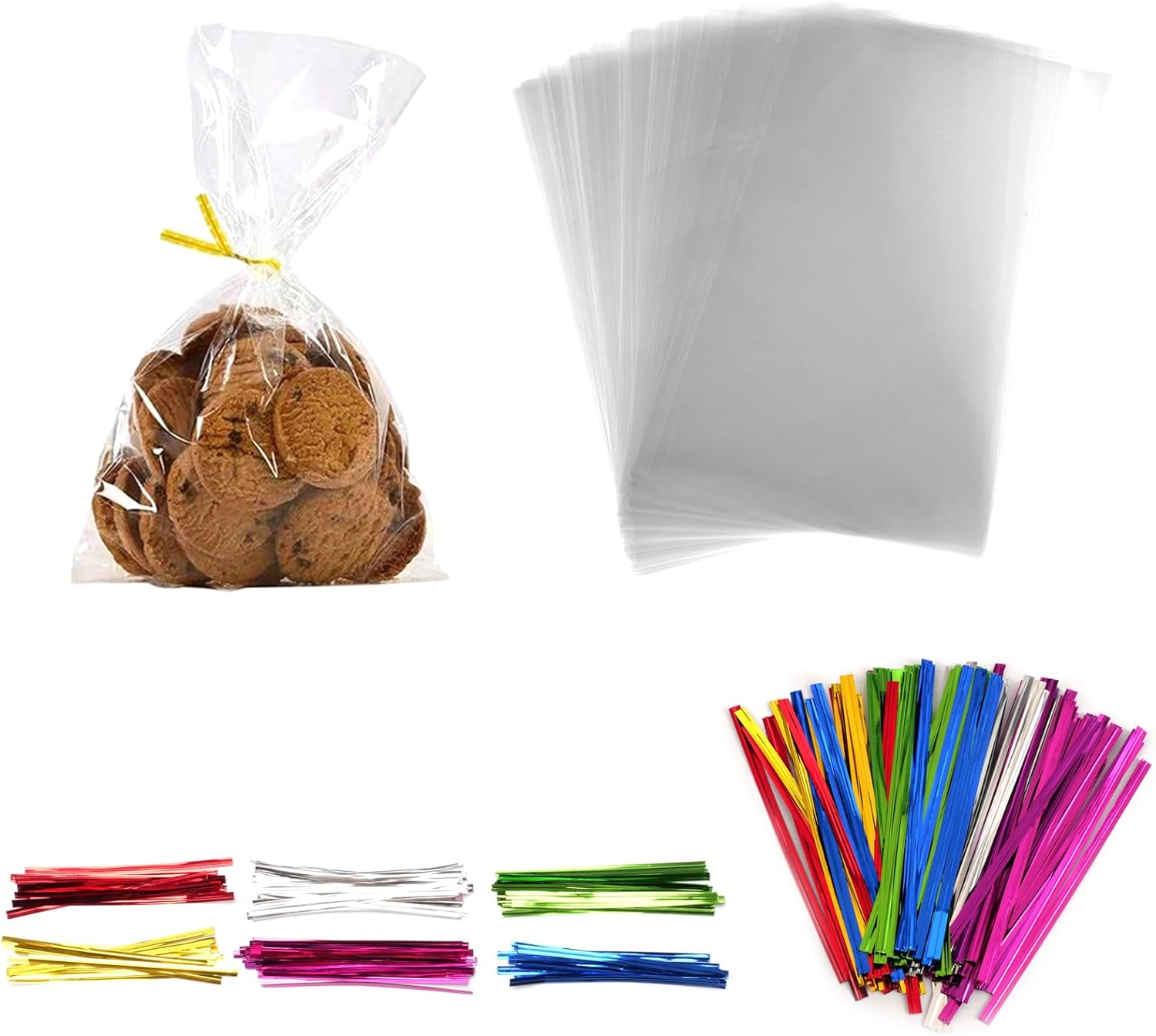 VANANA 100 PCS Cellophane Bags with Colorful Twist Ties, Clear Cookies Bags Gift Goodie Treat Biscuit Bakery Candy Chocolate Gift Food Soap Party Favor Supplies (13X20Cm/5.1X7.9In) image number 3