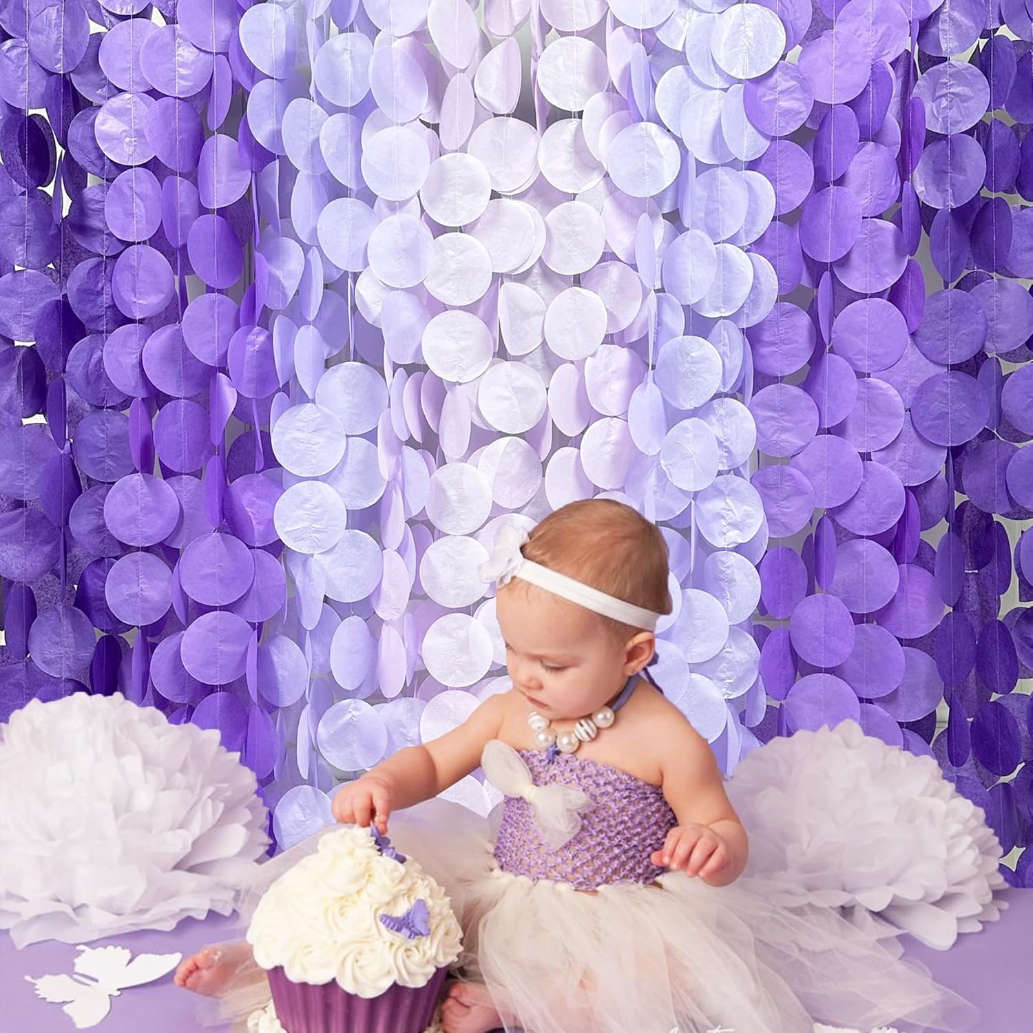 205 Ft Ombre Purple Lavender Circle Dot Backdrop Streamer Tissue Paper Polka Dot Hanging Garland for Birthday Baby Shower Wedding Bridal Shower Engagement Violet Lilac Party Decorations Supplies image number 2