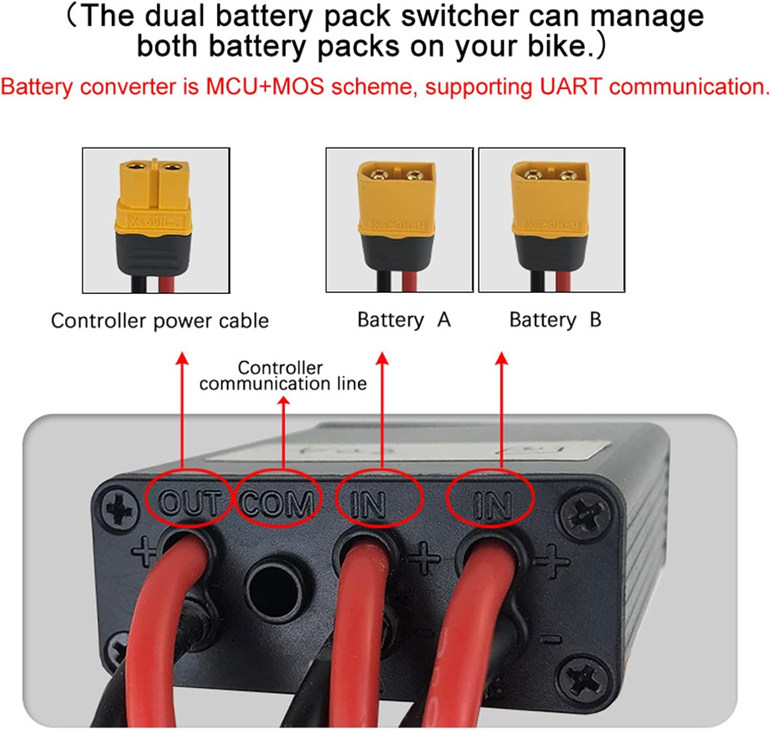 Dual Battery Discharge Converter for E Bike, Parallel Battery Adapter for Increase the Capacity, Parallel Equalization Module XT60 Connector, Dual Battery Pack Switch 20V - 72V