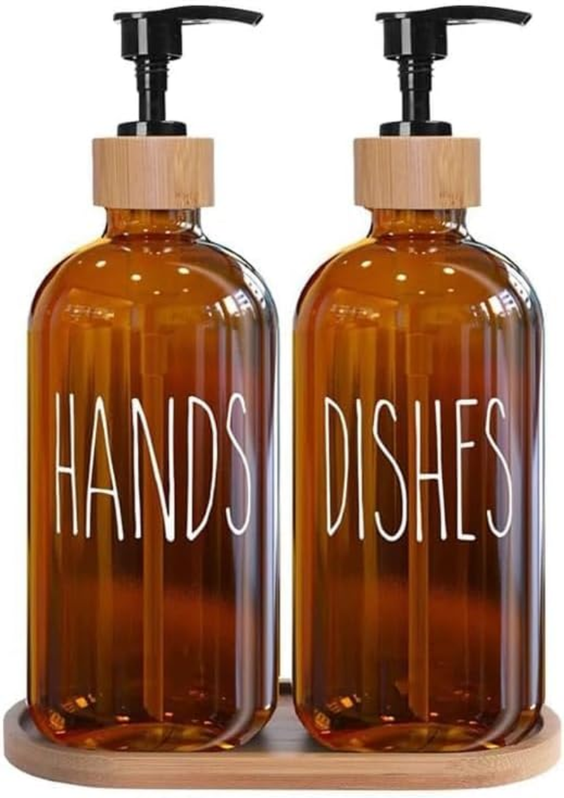 Black Glass Hand Soap and Dish Soap Dispenser Set with Bamboo Lid & Tray, Kitchen Set Suitable for Black and White Kitchen Decor (Black &Tray)