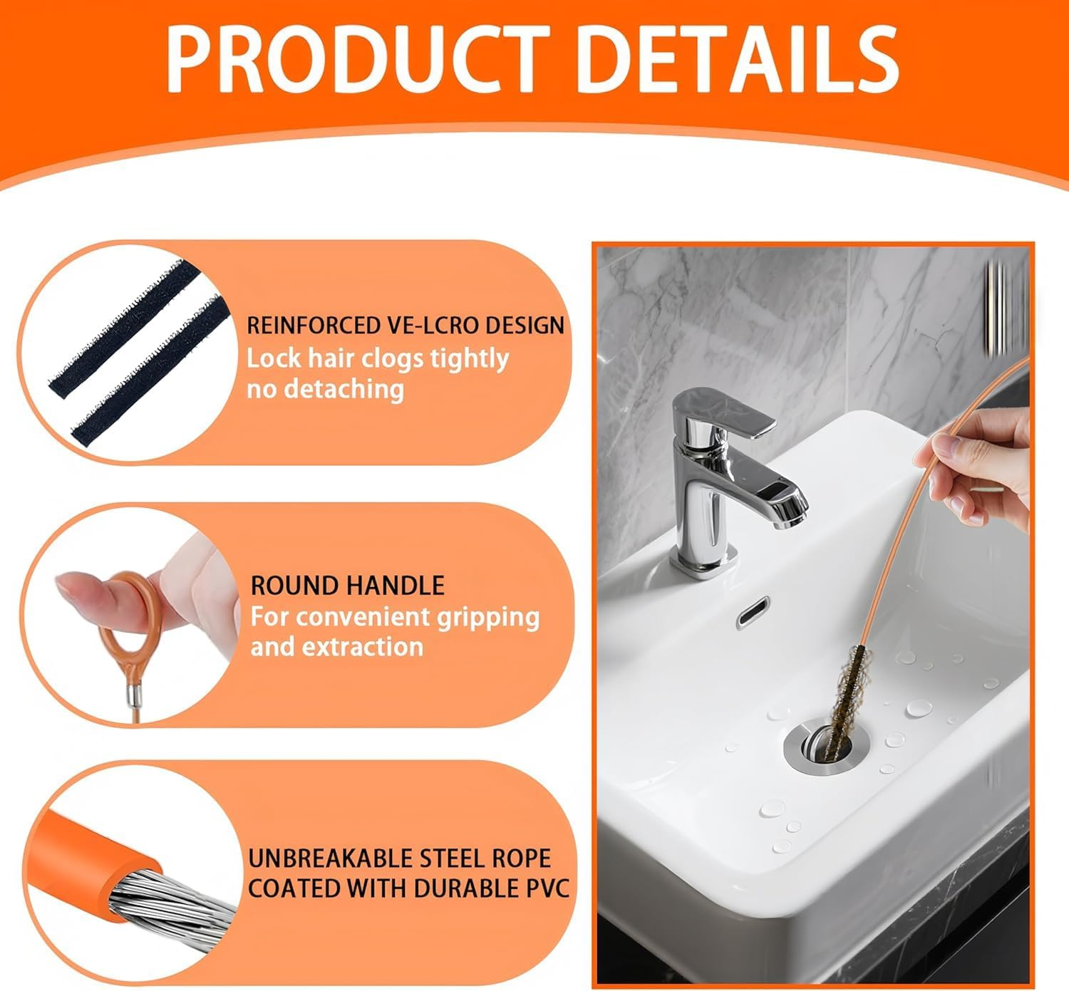 32 Inch Drain Snake Sink Unblocker Tools(5 Pack), Unbreakable Metal Drain Cleaners and Unblockers, Long/Flexible/Thin Hair Clog Remover to Unclog Bathroom Sink, Tub, Shower Drain Unclogger image number 4