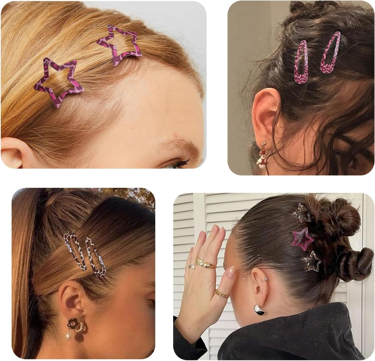 8 Pairs Metal Snap Hair Clips for Women - Star & Water Drop Barrettes, Non-Slip Y2K Hair Accessories for Thin or Thick Hair. Stylish Pink & Brown Leopard Accessories image number 2