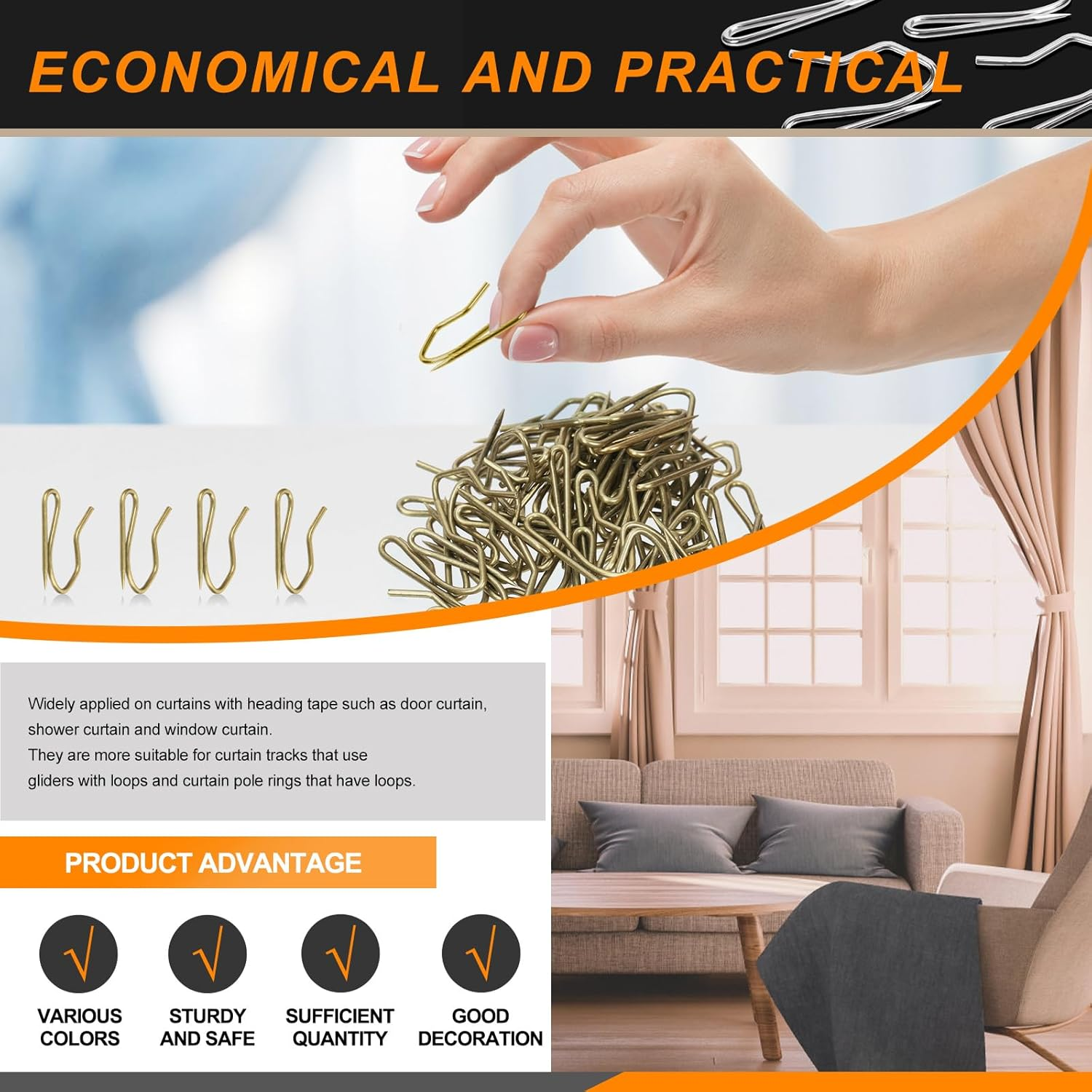 Rustark 58Pcs Bronze Metal Curtain Hooks - Stainless Steel Heavy Duty Pin-On Drapery Hooks for Pinch Pleat Drapes, Window, Door and Shower - Track Hook image number 6