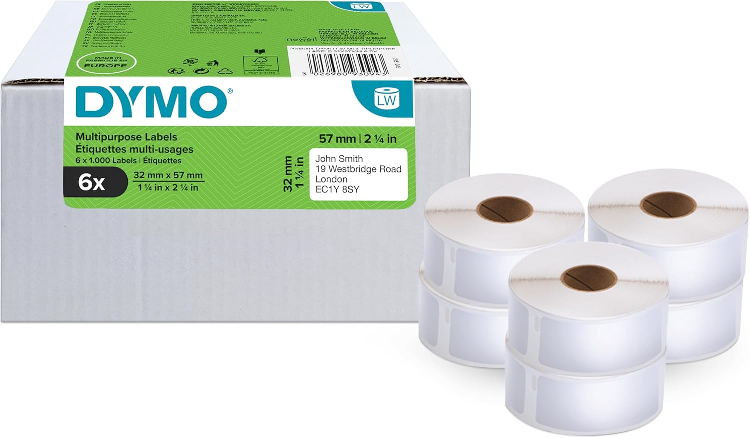 DYMO Authentic Labelwriter Multi-Purpose Labels, 32Mm X 57Mm, 6 Rolls of 1,000 Easy-Peel Labels (6,000 Count), Self-Adhesive, for Labelwriter Label Makers image number 3