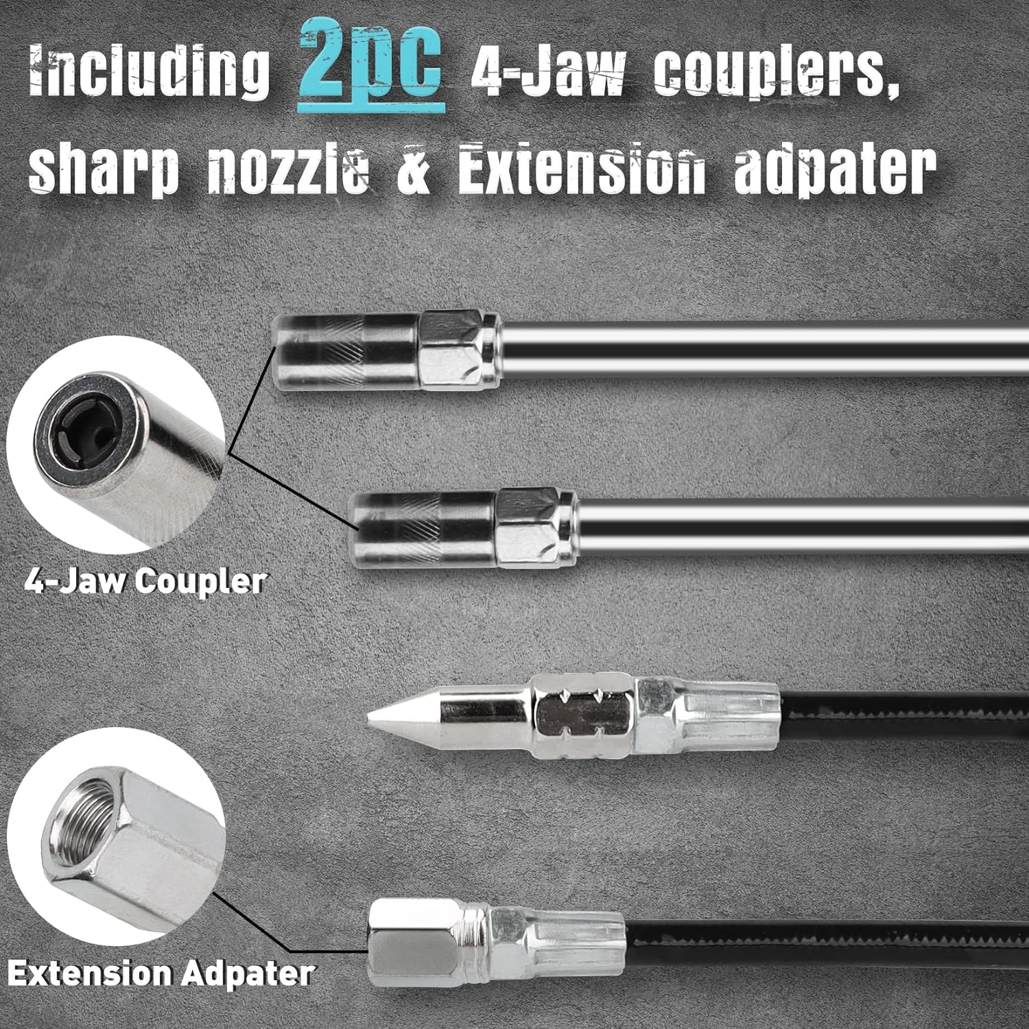 SHALL Mini Grease Gun, Small Grease Gun Kit (3.52OZ Capacity, 3000PSI) with 2PCS 4-Jaw Couplers, Sharp Nozzle, Extension Adapter, 3OZ Cartridge Grease, Reinforced PVC Glove & Zerk Fitting Cleaner image number 1