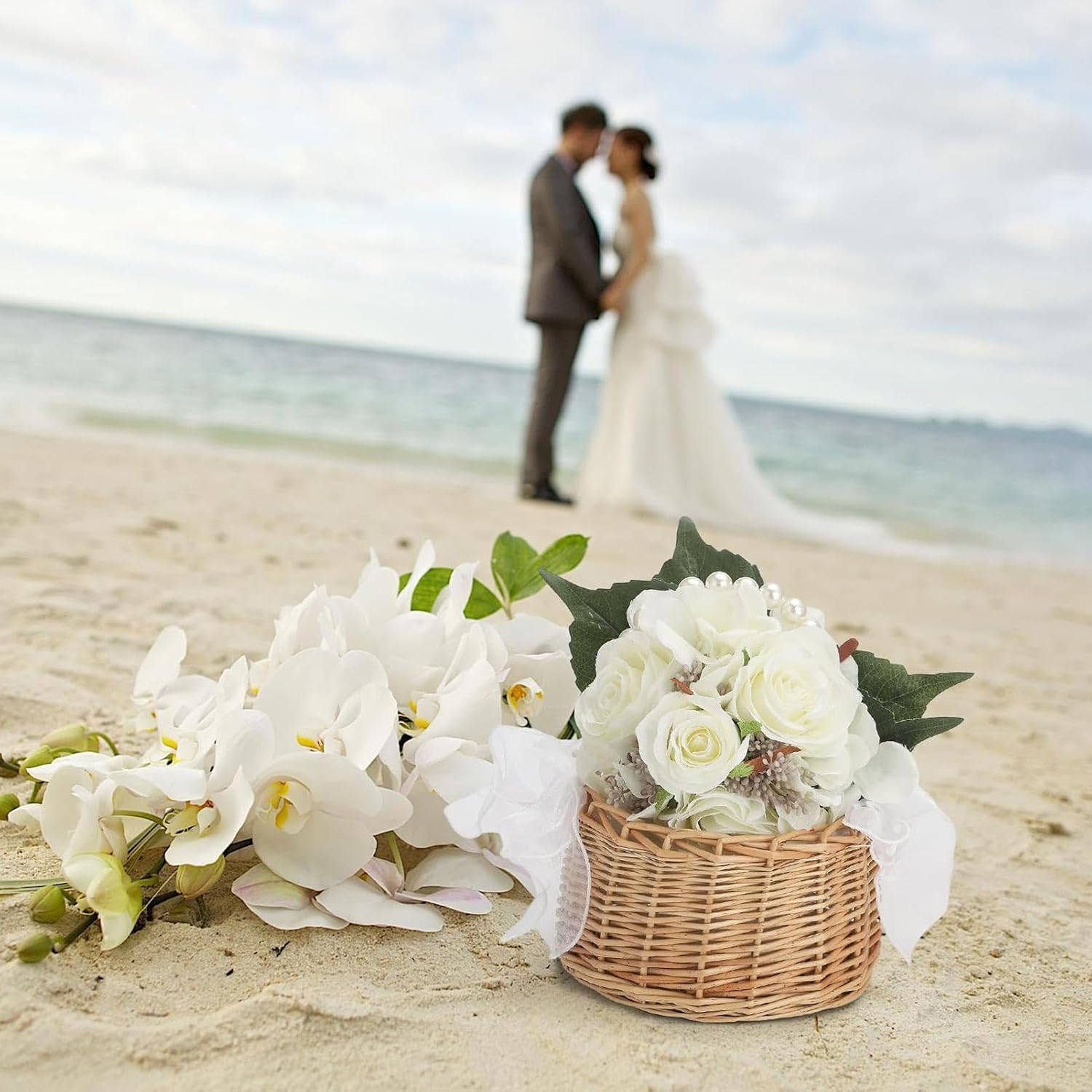 Wicker Flower Basket,Pearl Handle Bow Ribbon Wedding Petal Basket | Fairy Handwoven Easter Rattan Basket for Wedding Petal, Home Decor, Toys Sundries - L image number 5