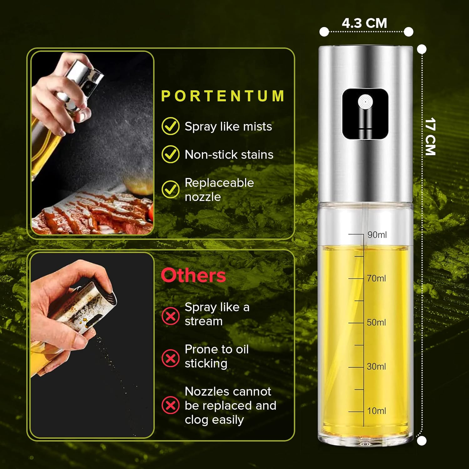 PORTENTUM Oil Spray Bottle 100Ml Stainless Steel Olive Oil Dispenser, Leakproof Oil Bottle with Accessories &ndash; Oil Sprayer for Cooking, BBQ, Salad and Air Fryer image number 2