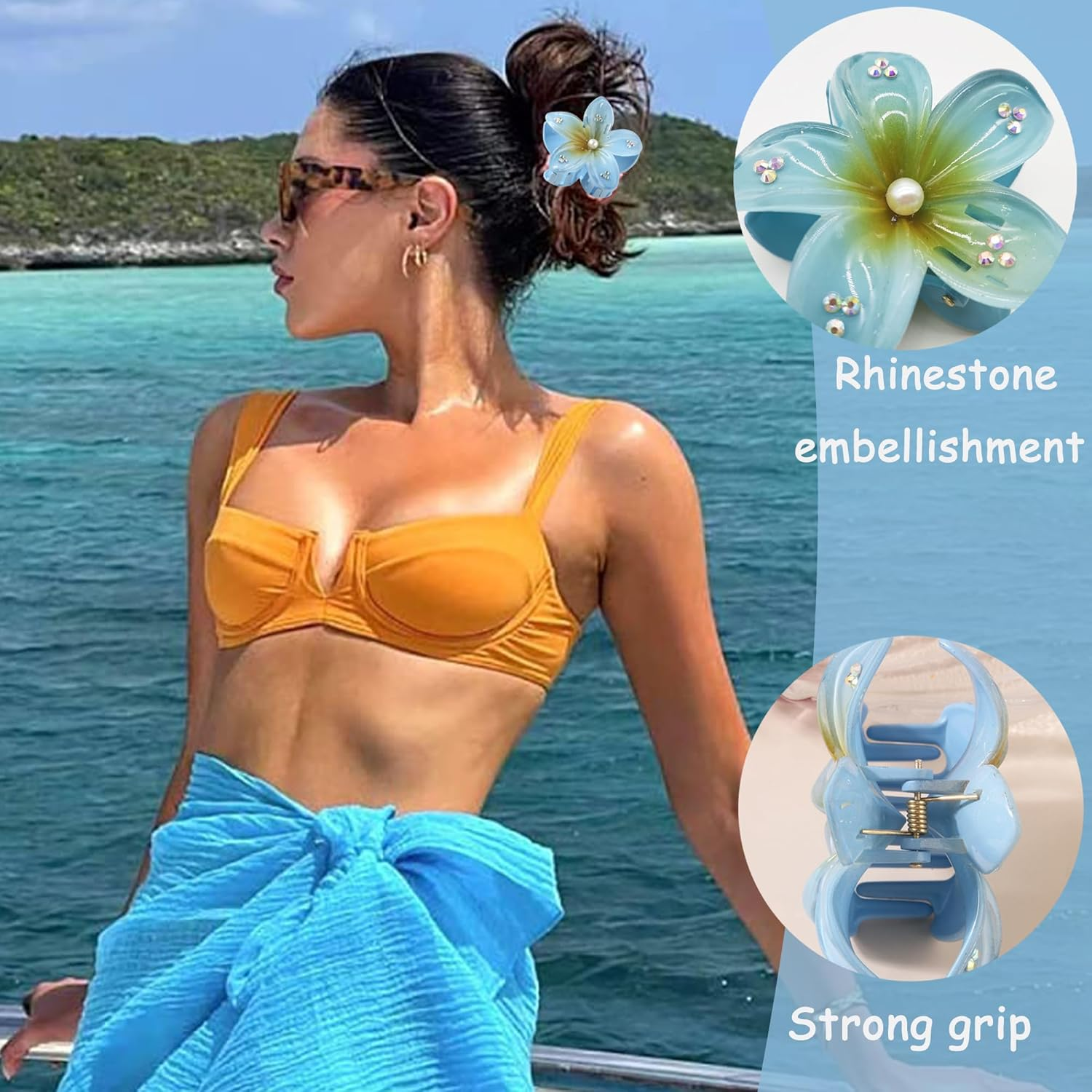 QIUMING Flower Hair Clips, Egg Flower Hair Clip, Non-Slip Hair Clips, Hawaiian Flower Claw Clips, Hair Clip, Flower with Rhinestones, Hair Styling Accessories for Thick, Thin Hair (White + Yellow +